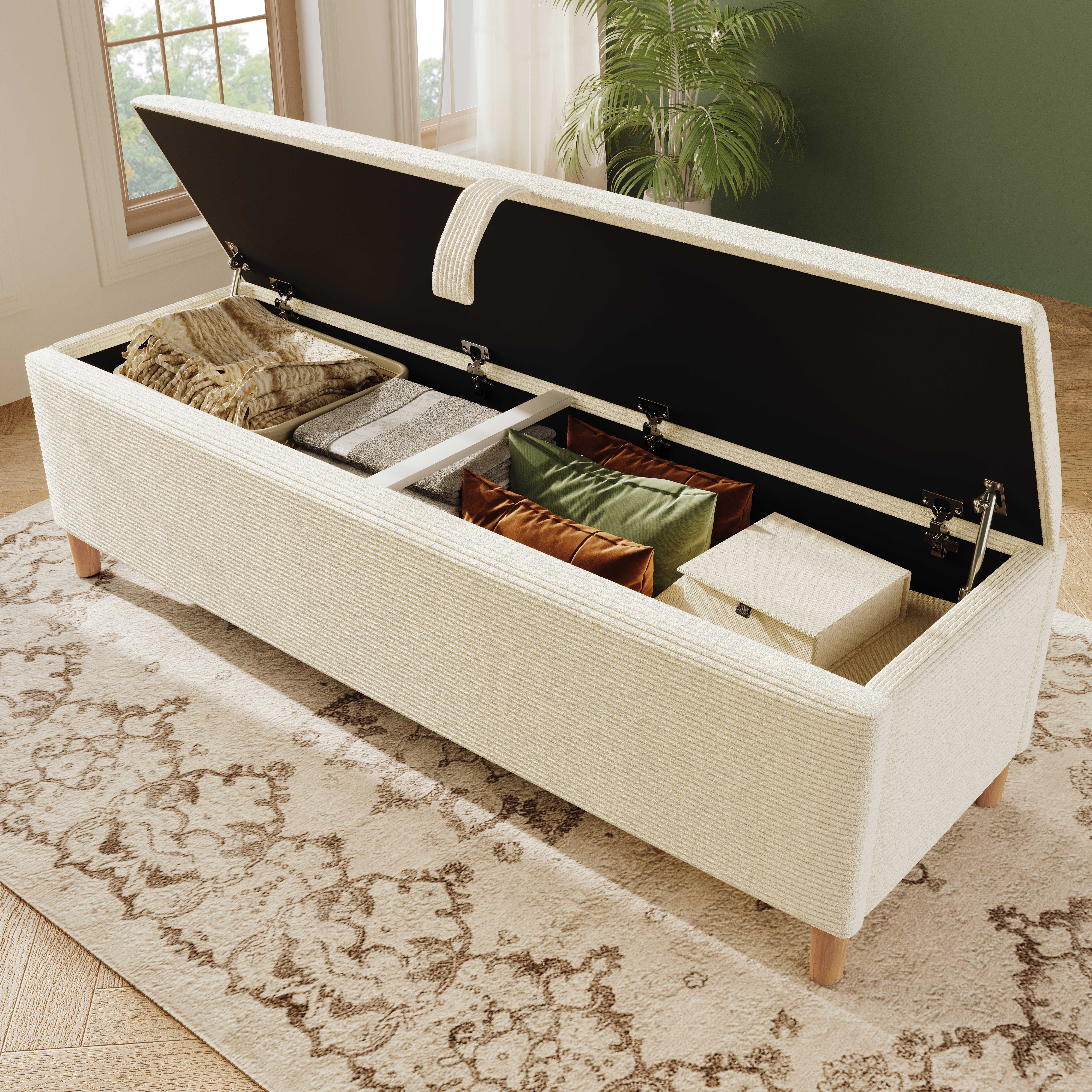 BlingBin Bettbank (1-St., 145 x 38 cm mit hydraulischem Stauraum – Cordstoff, Massivholz & MDF), Beige, 200 kg Tragkraft, Modernes Design für Schlafzimmer