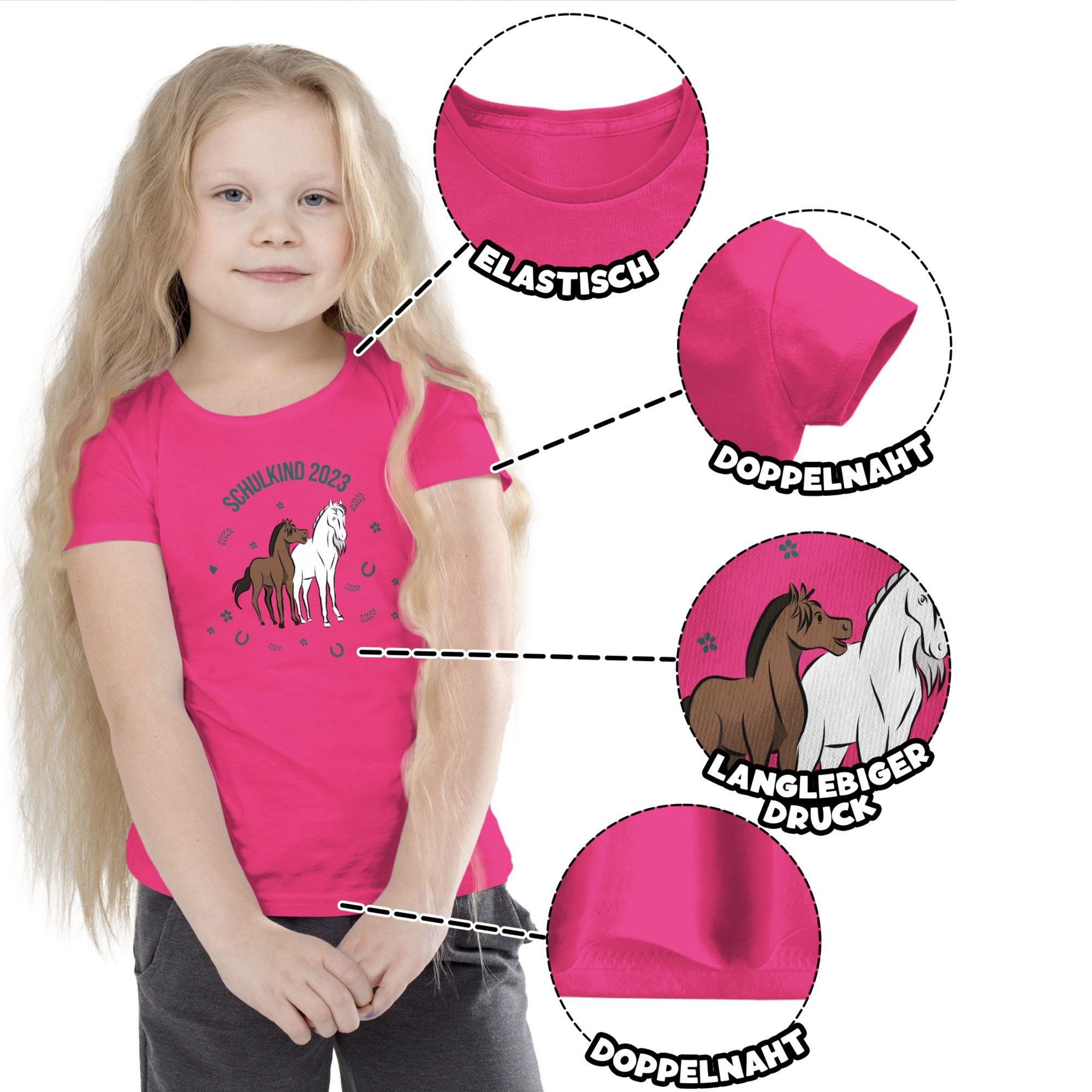 Shirtracer Pferde 2023 Einschulung Schulkind T-Shirt 1 Mädchen Fuchsia