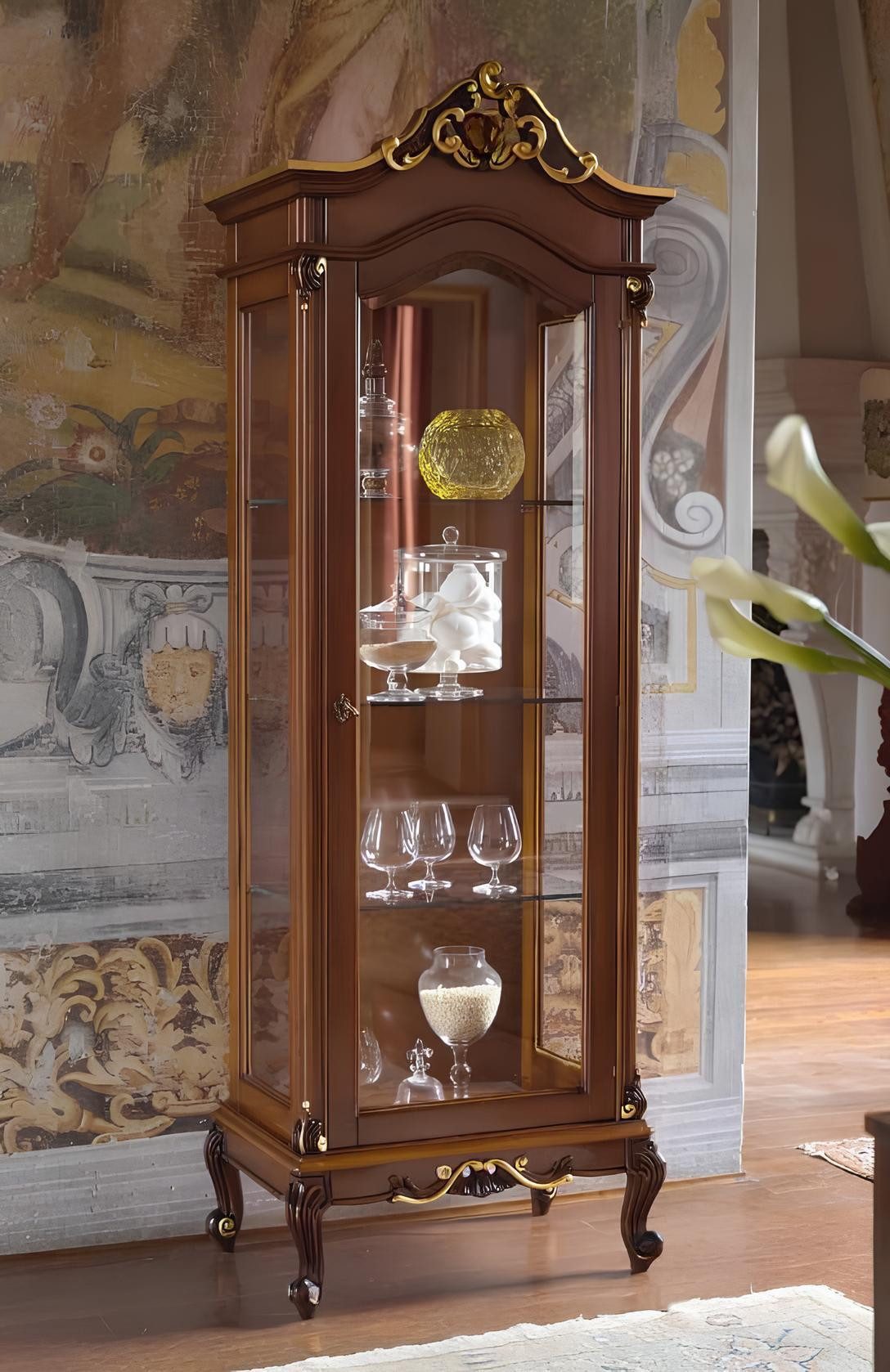JVmoebel Vitrine Barock Schrank im Antik Stil aus Holz in klassischer brauner Farbe (1-St) Made in Europa