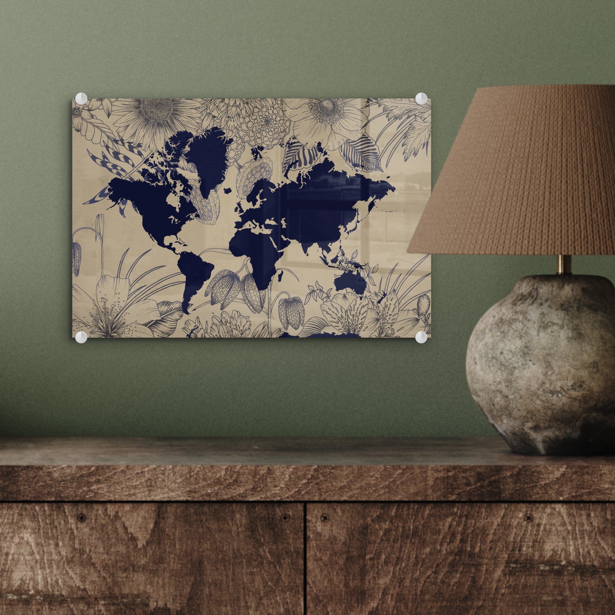 MuchoWow Acrylglasbild Weltkarte - Blumen Glasbilder Wandbild Glas Blau, auf - - auf Wanddekoration St), Bilder Glas (1 - - Foto