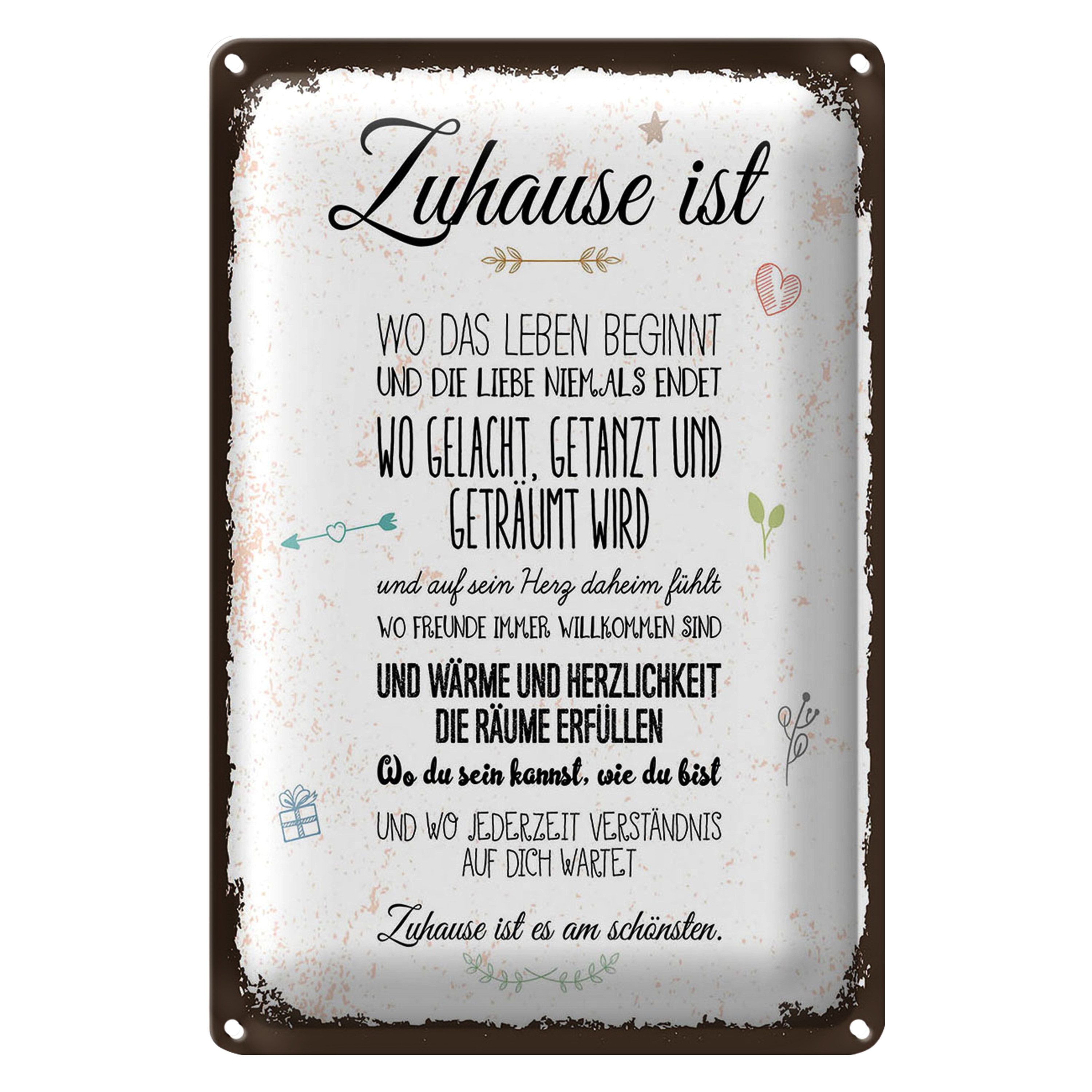 Roomando Metallschild Blechschild Spruch Zuhause ist wo das Leben beginnt 20x30cm