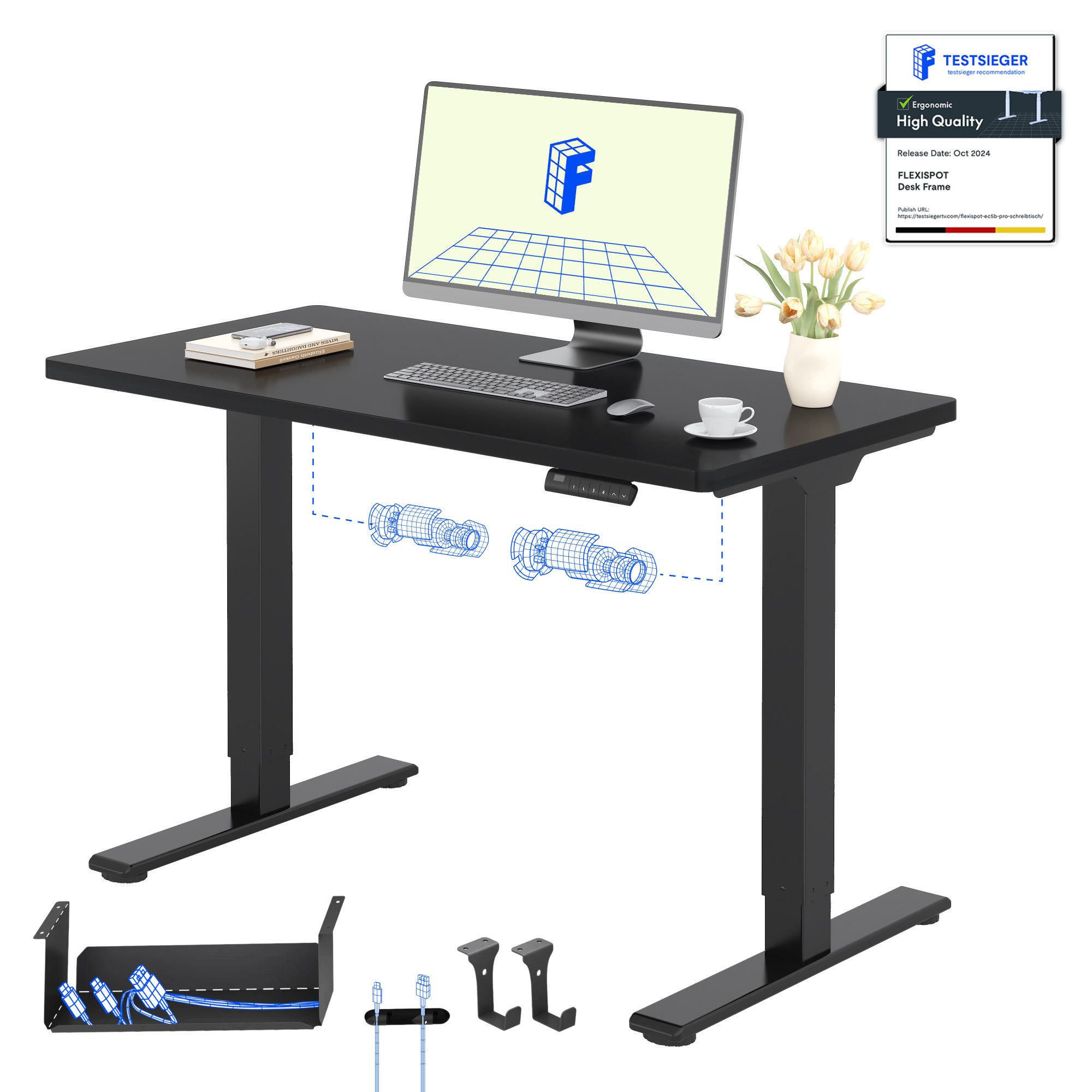 FLEXISPOT Schreibtisch Basic Plus höhenverstellbarer Schreibtisch mit Premium-Zubehör-Set (2 Motore & 2-Fach-Teleskop & 4 Höhenspeichertasten), MIT 25MM einteiliger Tischplatte, 120/140/160/180