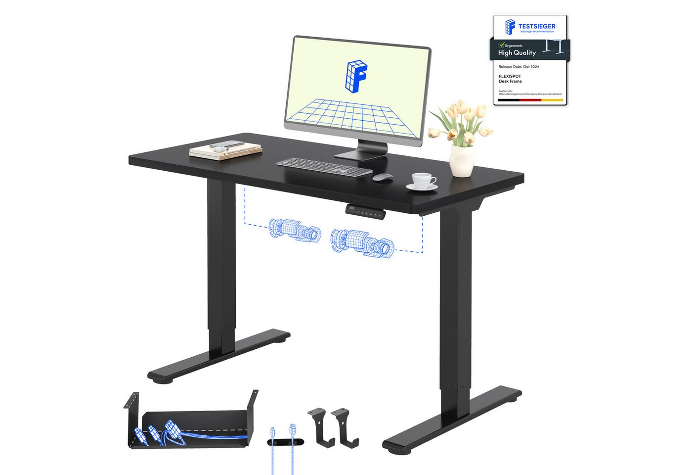 FLEXISPOT Schreibtisch Basic Plus höhenverstellbarer Schreibtisch mit Premium-Zubehör-Set (2 Motore & 2-Fach-Teleskop & 4 Höhenspeichertasten), MIT 25MM einteiliger Tischplatte, 120/140/160/180