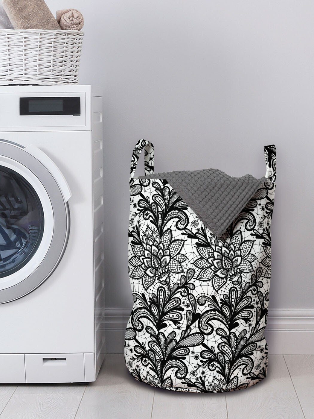 Wäschesäckchen Kordelzugverschluss weiß Waschsalons, mit und Abakuhaus Victorian für Schwarz Wäschekorb Lace Griffen