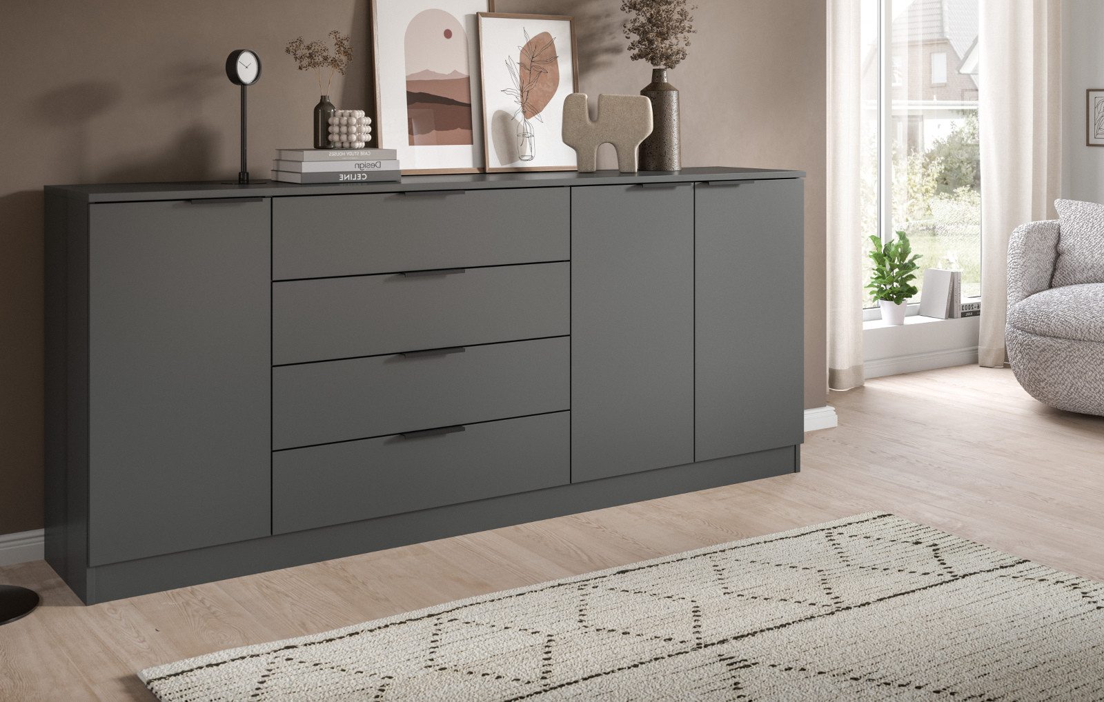 Inn.Furn Sideboard Swan (Anrichte in mattem Grau, mit Türen und Schubkästen, 185 x 80 cm), mit Vollauszug