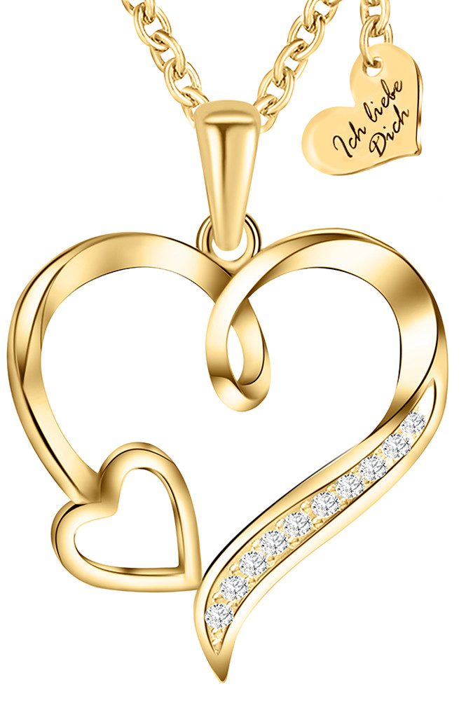 Limana Herzkette Halskette Damen Silber 925 Gold vergoldet mit Herz-Anhänger Set (Geschenkset Damenkette Weihnachten Muttertag Set, Geschenke für Frauen Valentinstag Frau Freundin), Geburtstag Sie Hochzeitstag Herz Schmuck Liebesgeschenk Liebesbeweis