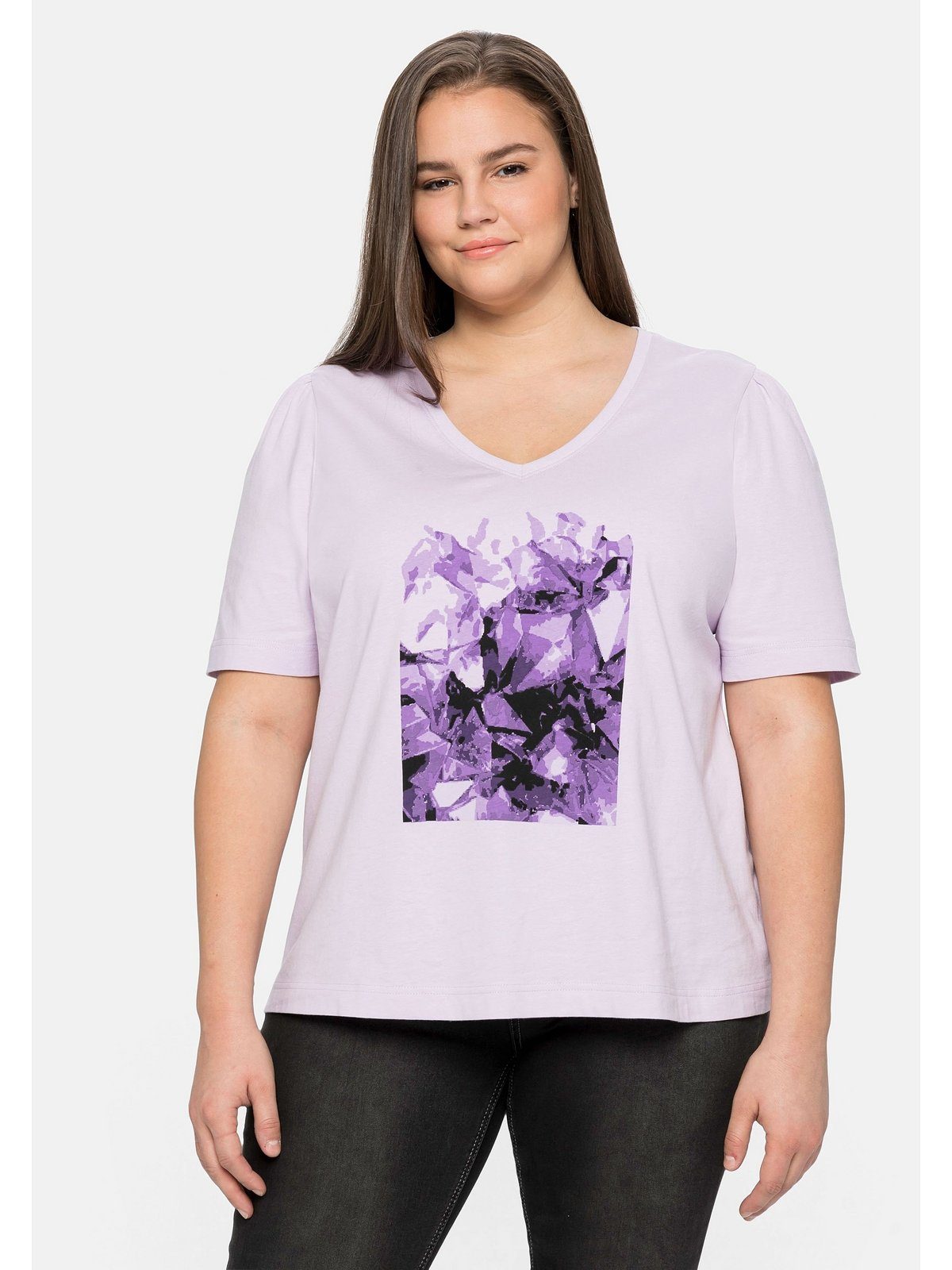 Sheego T-Shirt mit lavendel aus Größen Große Frontdruck Baumwolle