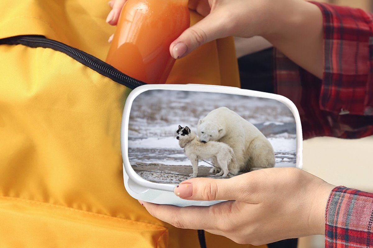 MuchoWow Lunchbox Hund - Eisbär für (2-tlg), Brotbox und und Freundschaft, - für Mädchen Kunststoff, Brotdose, Erwachsene, Jungs weiß Kinder