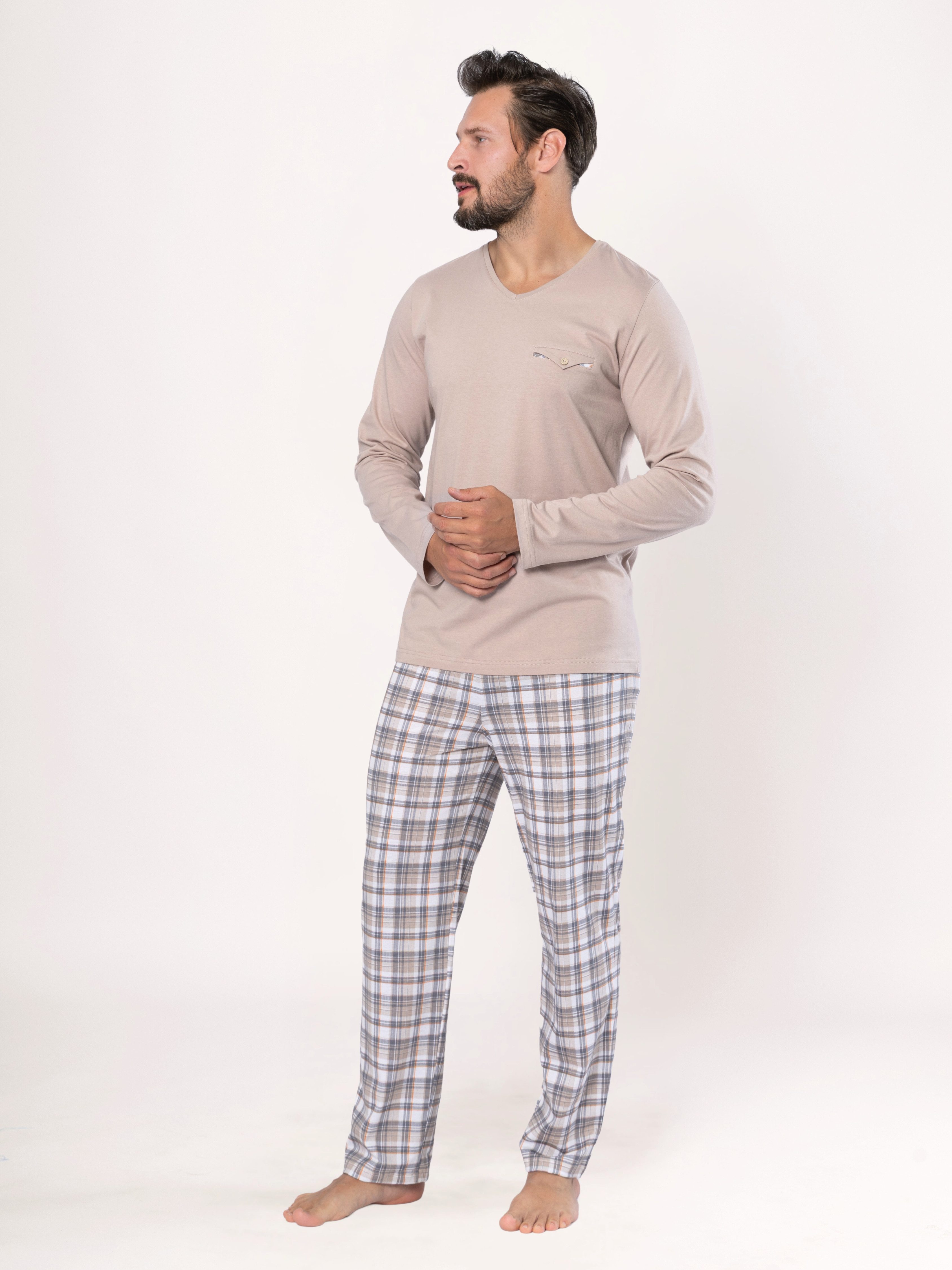 HOTBERG Pyjama langer Schlafanzug aus Baumwolle (2 tlg) Karo-Pyjamahose, Made in EU