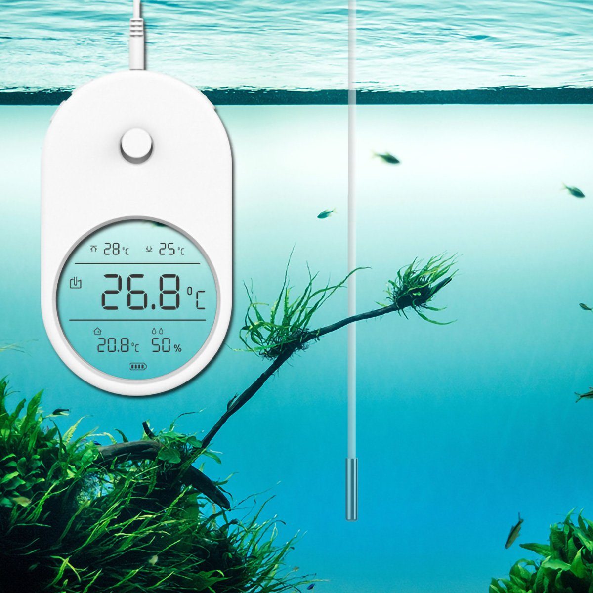 yozhiqu Aquarienthermometer Aquarium-Thermometer mit Sonde, und Luftfeuchtigkeitsmonitor, 1-tlg., für in Zuchtbecken aus Acryl und Glas, Hygrometer mit LCD-Bildschirm