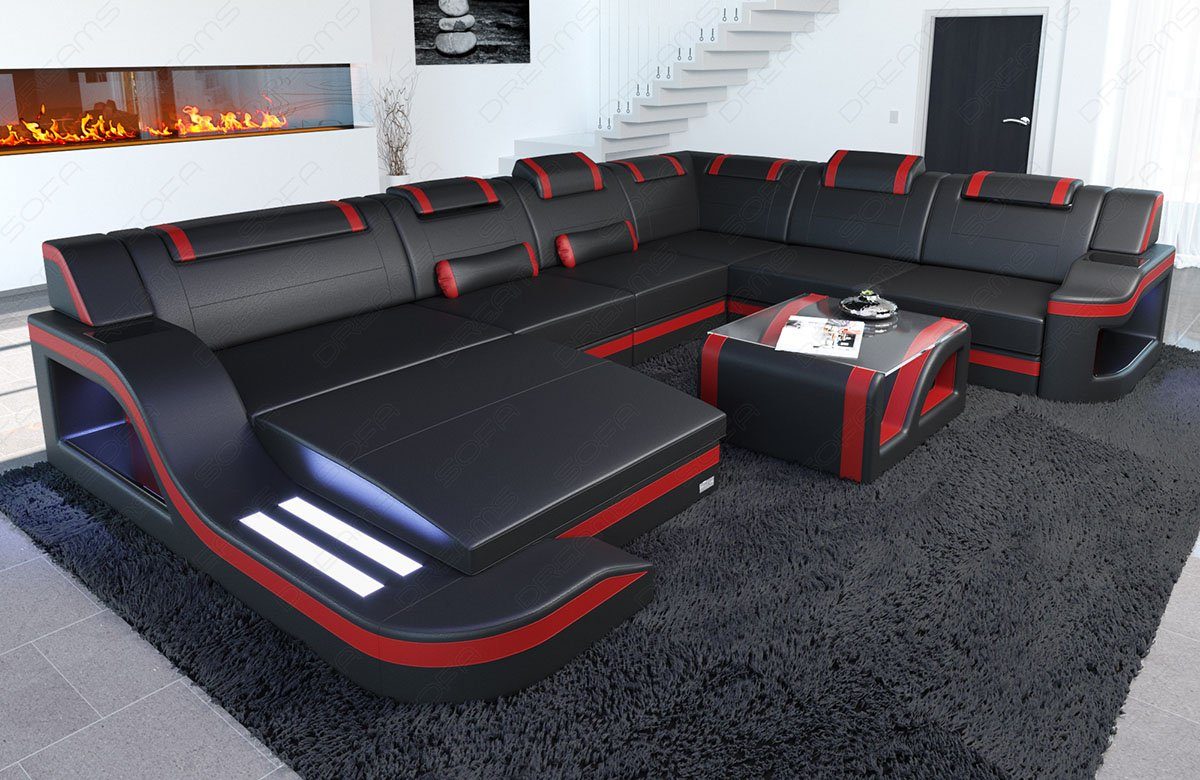 Sofa Dreams Wohnlandschaft Ledercouch Sofa Leder Palermo XXL U Form Ledersofa, Couch, mit LED, wahlweise mit Bettfunktion als Schlafsofa, Designersofa