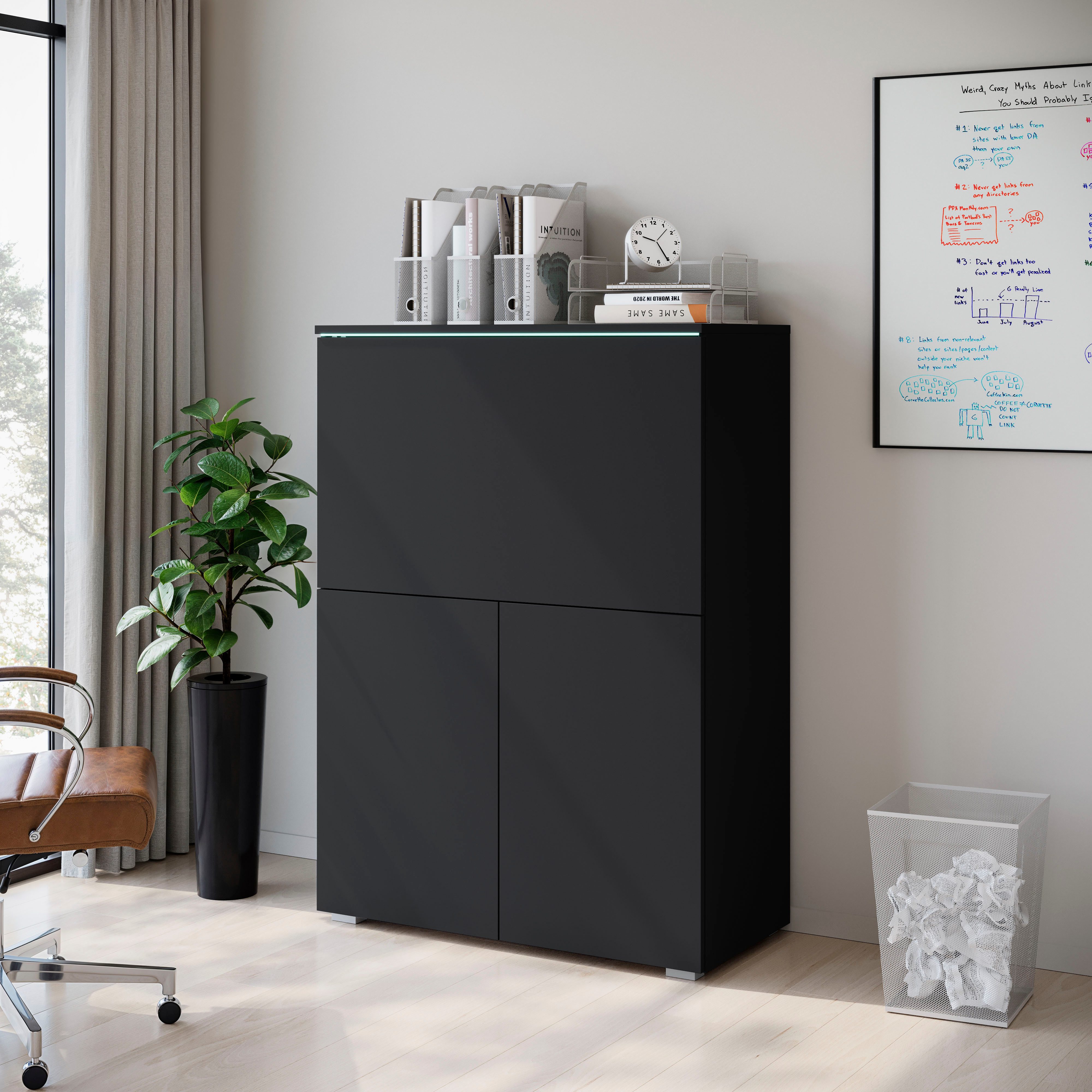 Home affaire PC-Schrank Vera, Sekretär, Home-Office-Schreibtisch mit LED-Beleuchtung (1 St), Multifunktional mit Stauraum, klappbare Tischfläche, LED, B 90 cm