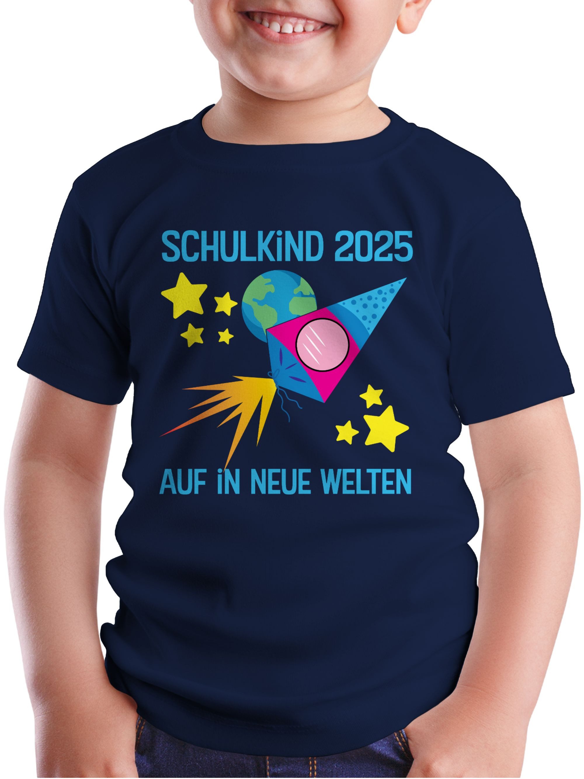 Shirtracer T-Shirt Schulkind 2025 I Auf in neue Welten Einschulung Junge Schulanfang Geschenke