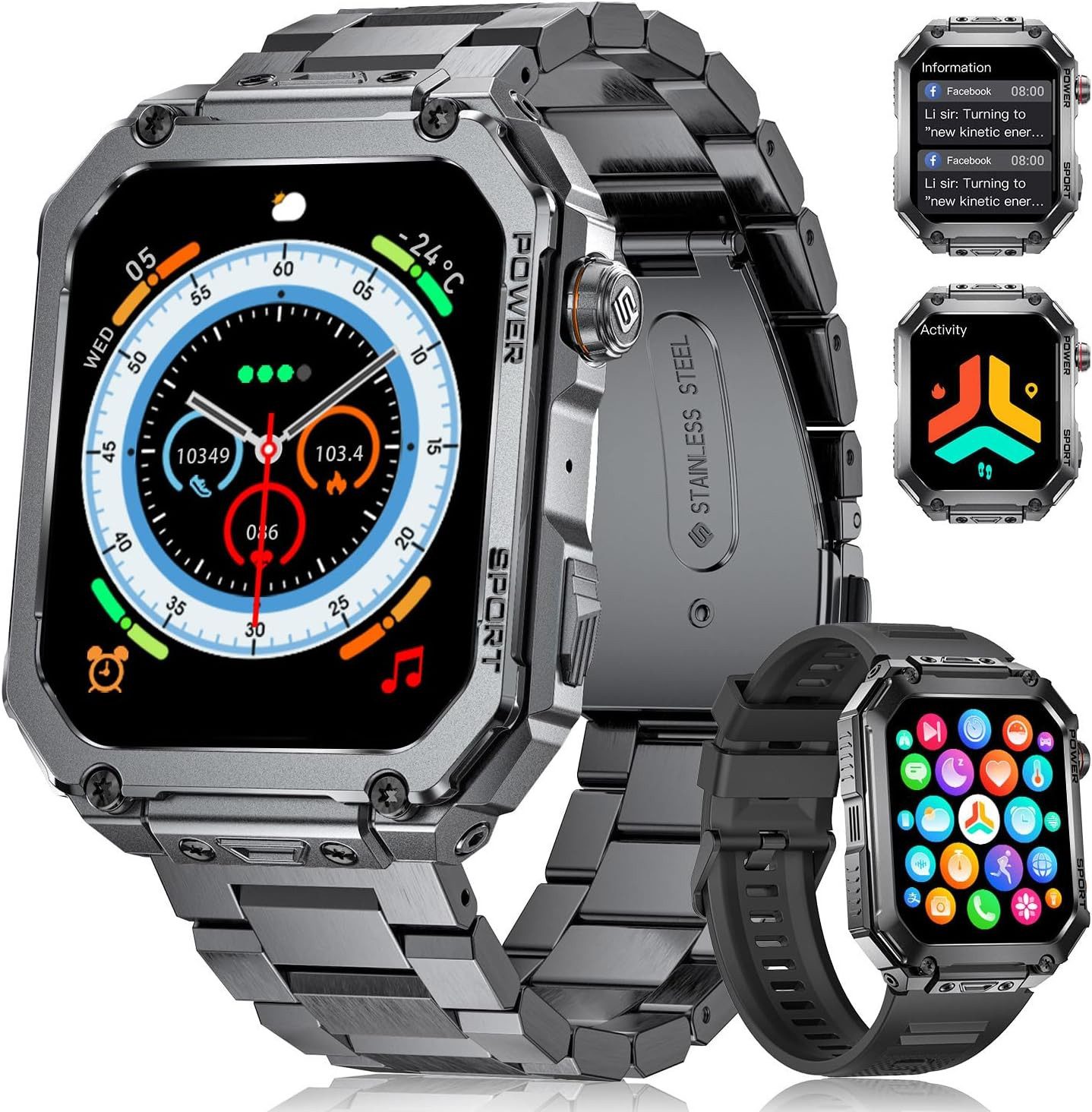 BENYAR EF2 PRO-D Smartwatch (4,9 cm, android ios), Smartwatch mit AMOLED Display Anruffunktion 3 Armbänder IP68 Sport