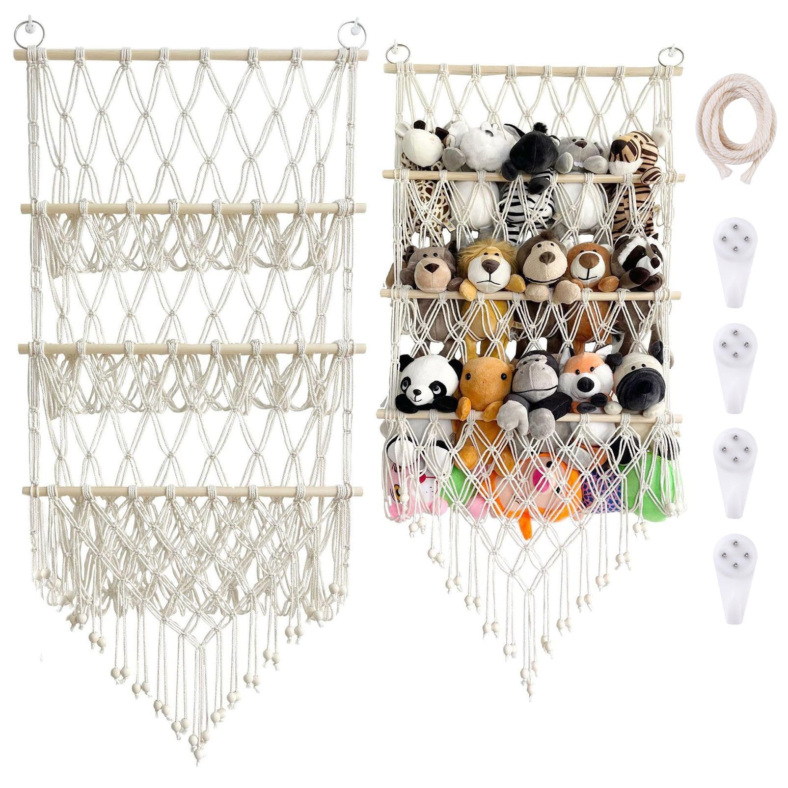 MOPUEA Hängekorb Spielzeug Aufbewahrung Netz Stofftier-Organizer Handgefertig (mit Holzperlen Stofftier-Hängekorb aus Baumwollseil und Kiefernholz, 1 St., Vielseitiger Boho Spielzeug Organizer für Kinderzimmer, Schlafzimmer), dreistufig, Einfache Installation und große Lagerkapazität