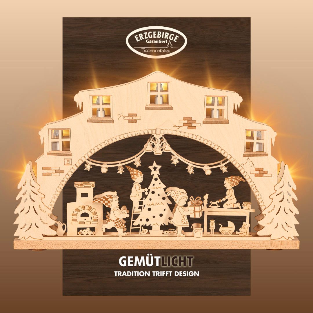 Weigla Schwibbogen Wichtelwerkstatt, Lichterbogen aus Holz, NATUR, Made in Germany, Erzgebirge garantiert, Weihnachtsdeko Innen, Weihnachtsbeleuchtung