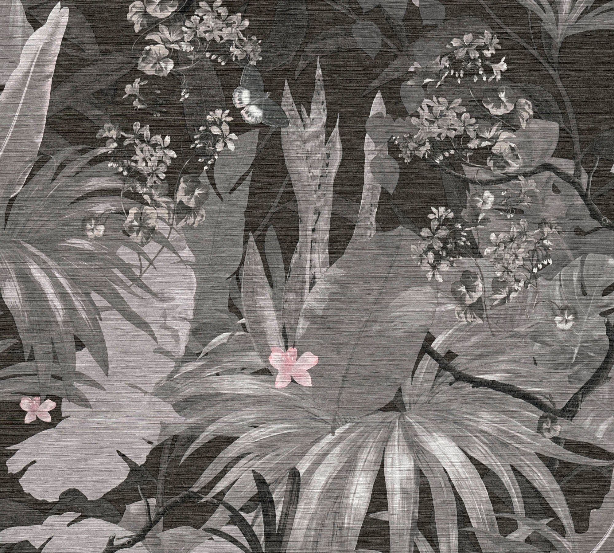 living Palmen Vliestapete strukturiert, Desert Dschungeloptik walls grau/schwarz naturalistisch, Tapete botanisch, natürlich, Lodge,