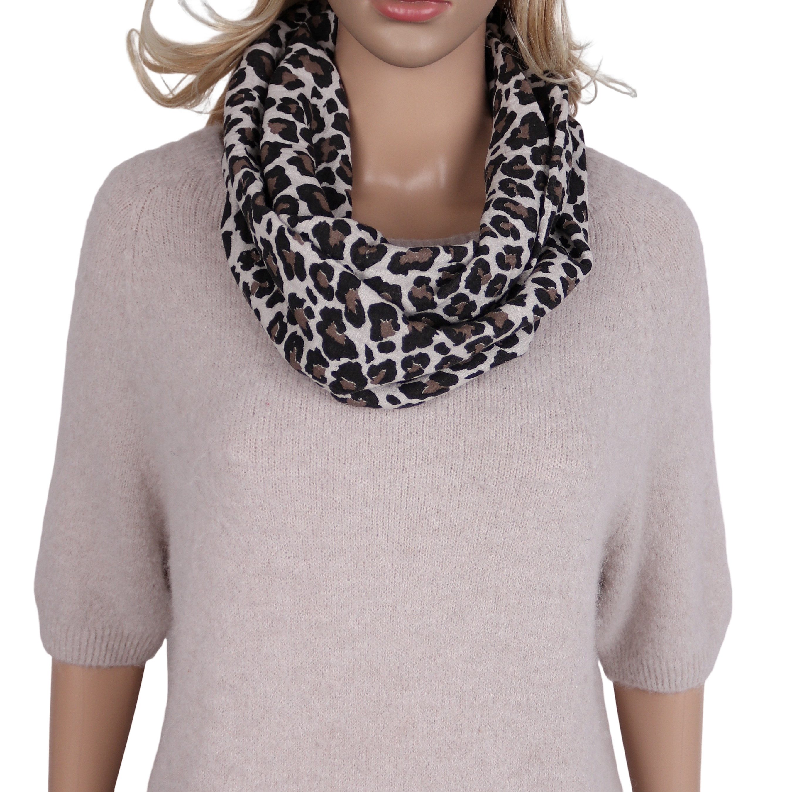 MIRROSI Loop Damen Schal aus Musellin, Made in Italy 70x20cm, Leo, Schlauchschal, (Zweimal um den Hals wickelbar, ca.70x20cm), Damen Halstuch ideal für Frühling, Sommer oder Herbst