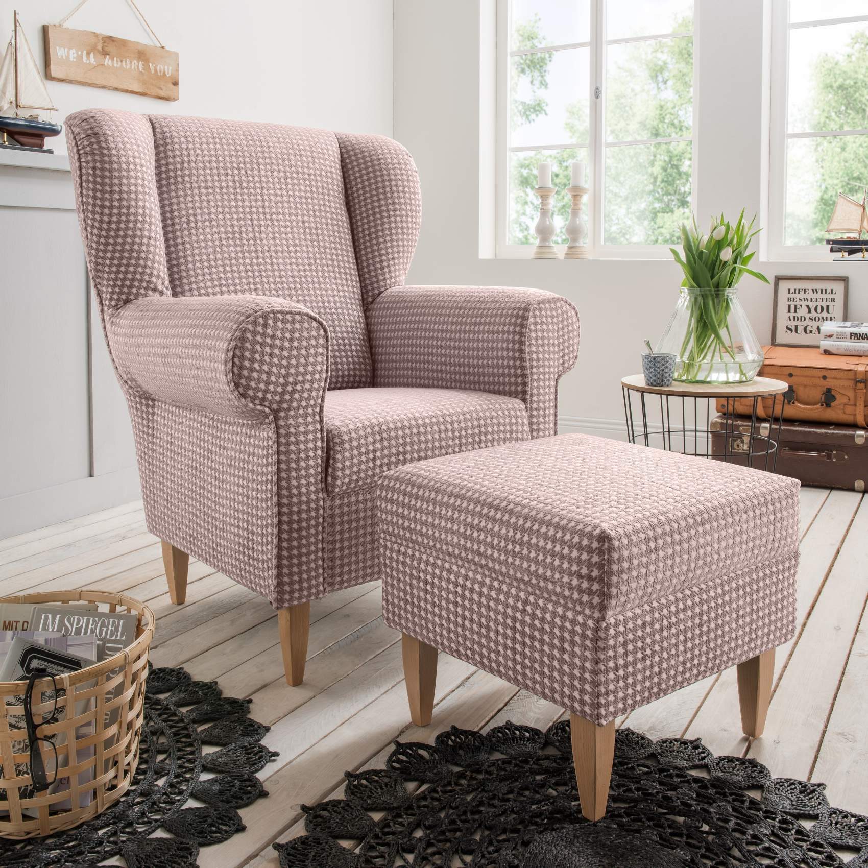 Trendmöbel24 Loungesessel Polstersessel Ohrensessel AVERSA Stoff Talento Flamingo