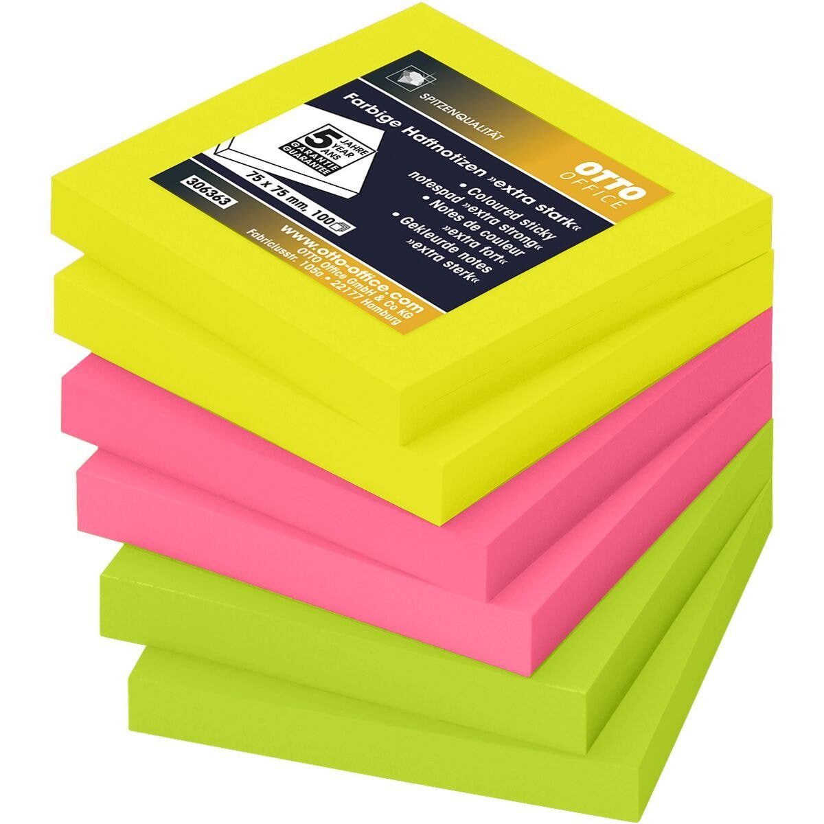Otto Office Premium Haftnotizblock extra stark, 7,5x7,5 cm in Neonfarben, ablösbar und wiederholt selbstklebend