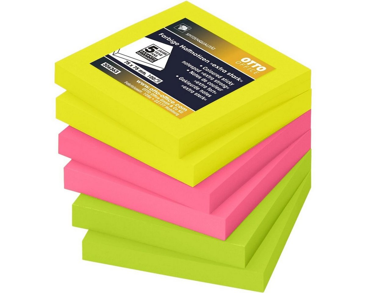 Otto Office Premium Haftnotizblock extra stark, 7,5x7,5 cm in Neonfarben, ablösbar und wiederholt selbstklebend