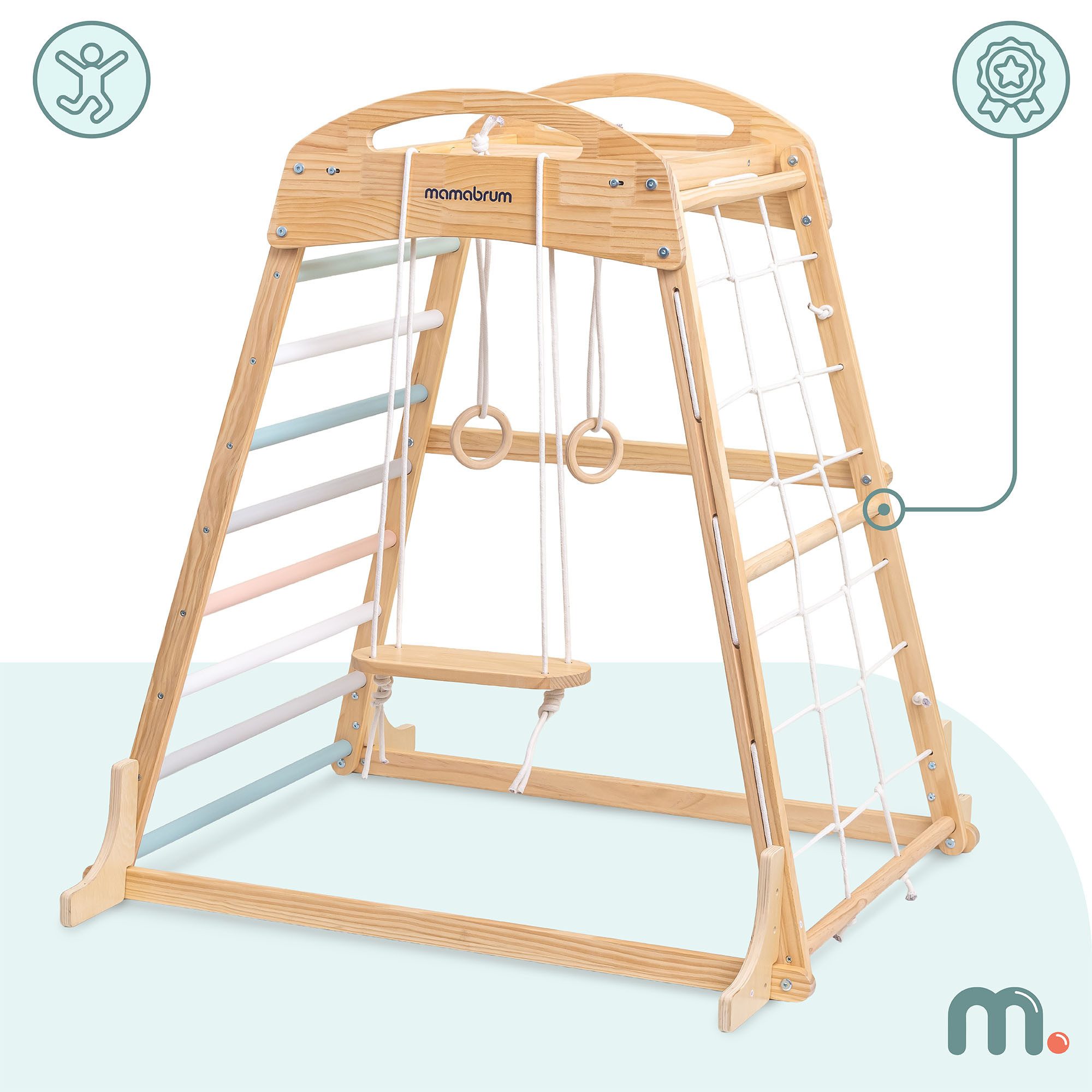 Mamabrum Klettergerüst Indoor Spielplatz – Kletterturm aus Holz mit Ringen & Schaukel