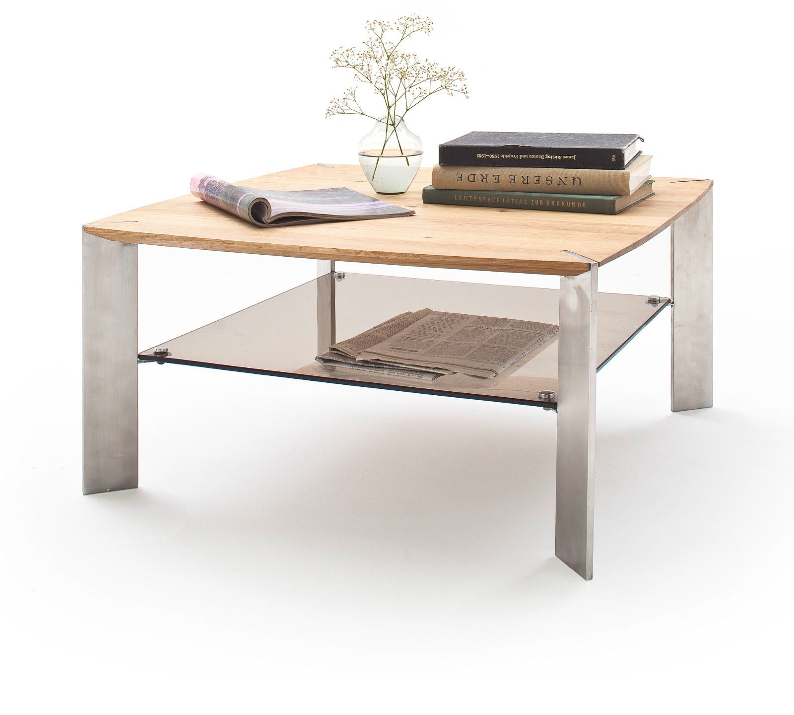 MCA furniture Couchtisch Nelia (Wohnzimmer Tisch quadratisch, 50x50 massiv Edelstahl cm), Asteiche und