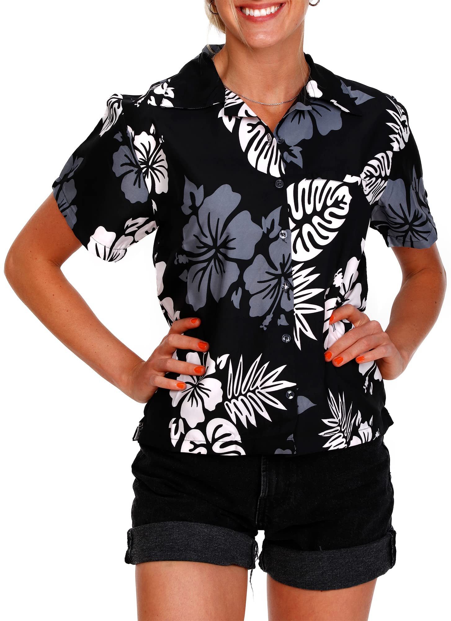 King Kameha Hawaiihemd Mono Hibiscus Funky Hawaiibluse Damen Kurzarm Front-Tasche Stylish
