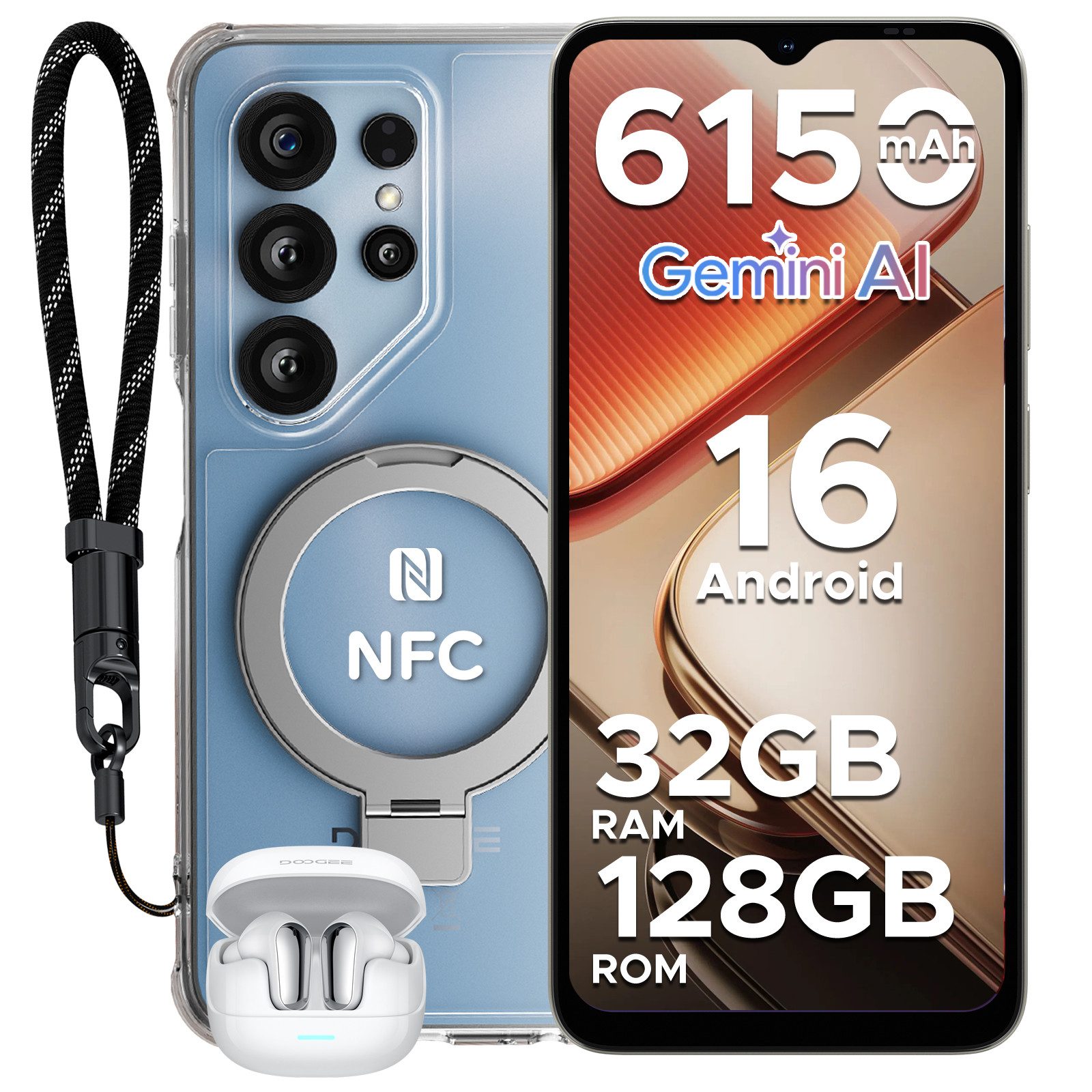 DOOGEE Note 56 X Pro Android 16, inkl. Kopfhörer, 6.56", 6150mAh, 4+128GB Smartphone (6,56 Zoll, 128 GB Speicherplatz, 13 MP Kamera, Gemini AI, 128GB ROM/2TB, NFC, Dual SIM, Face ID, Widevine L1)