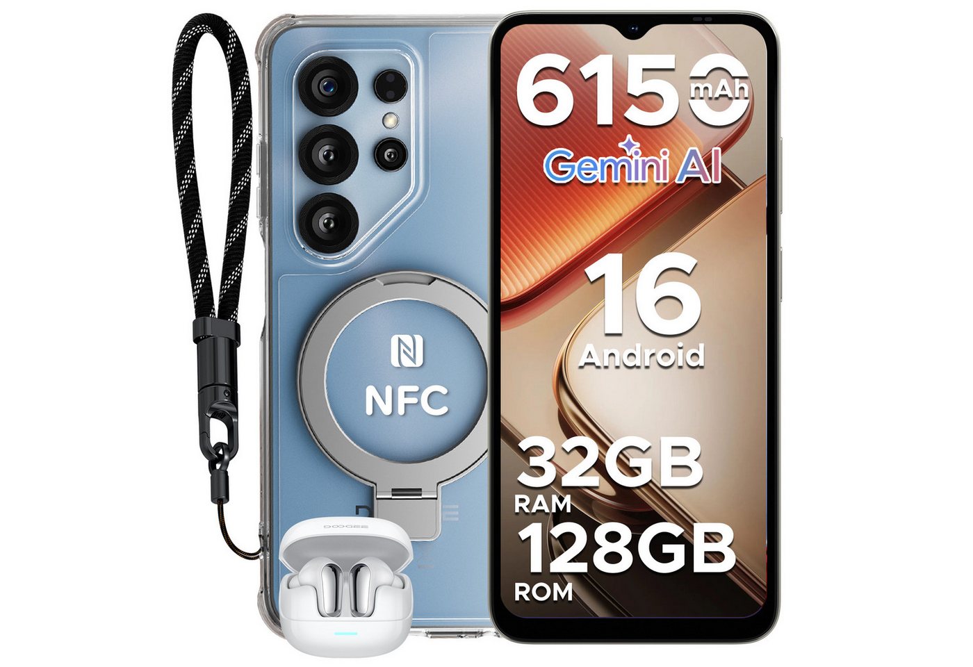 DOOGEE Note 56 X Pro Android 16, inkl. Kopfhörer, 6.56", 6150mAh, 4+128GB Smartphone (6,56 Zoll, 128 GB Speicherplatz, 13 MP Kamera, Gemini AI, 128GB ROM/2TB, NFC, Dual SIM, Face ID, Widevine L1)