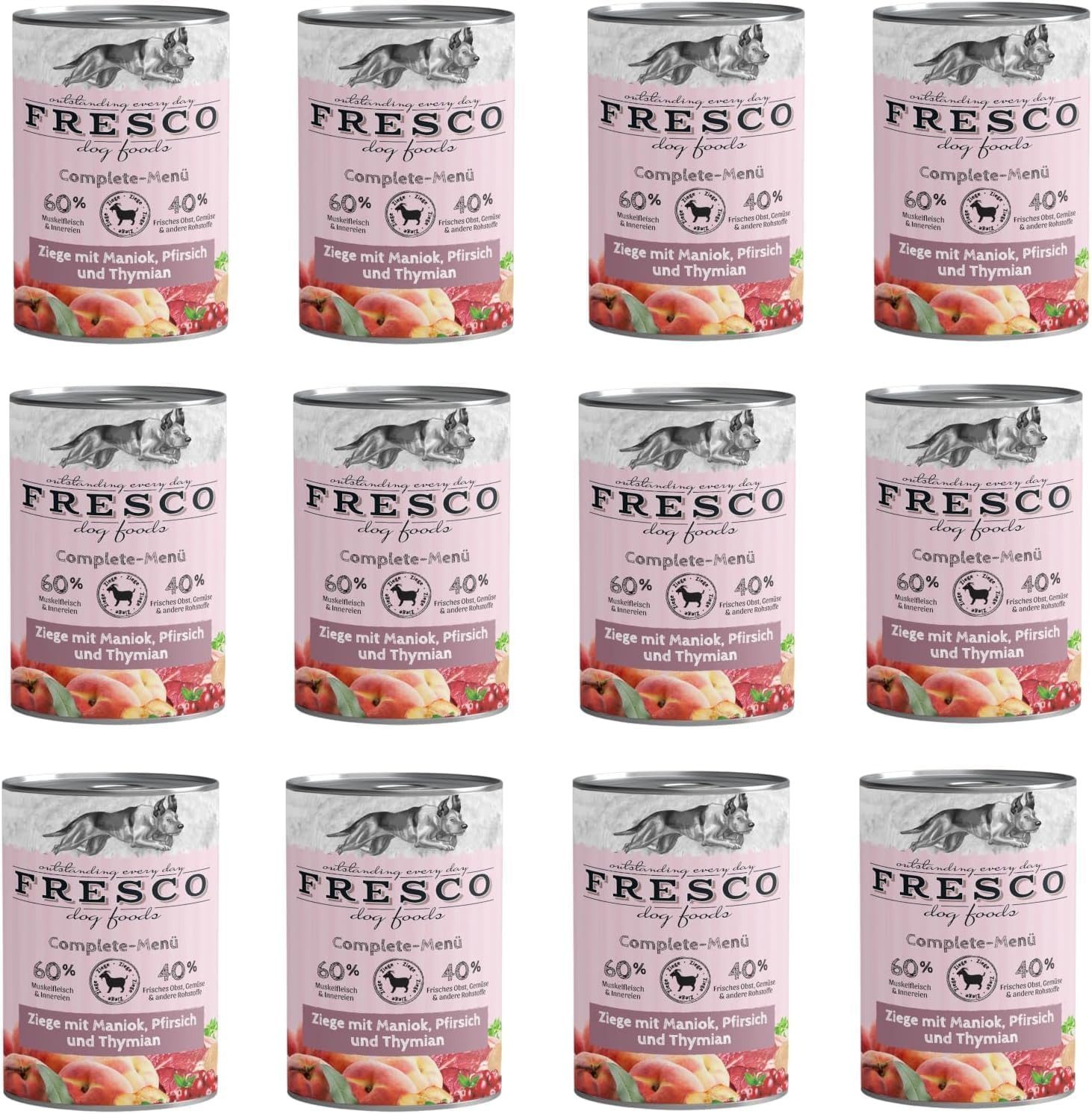 Fresco Dog NassBarf Hypoallergenes Hundefutter 12x400g, Ziege mit Maniok, Pfirsich & Thymian, Nassfutter für: Hunde, Getreidefrei & hochverträglich