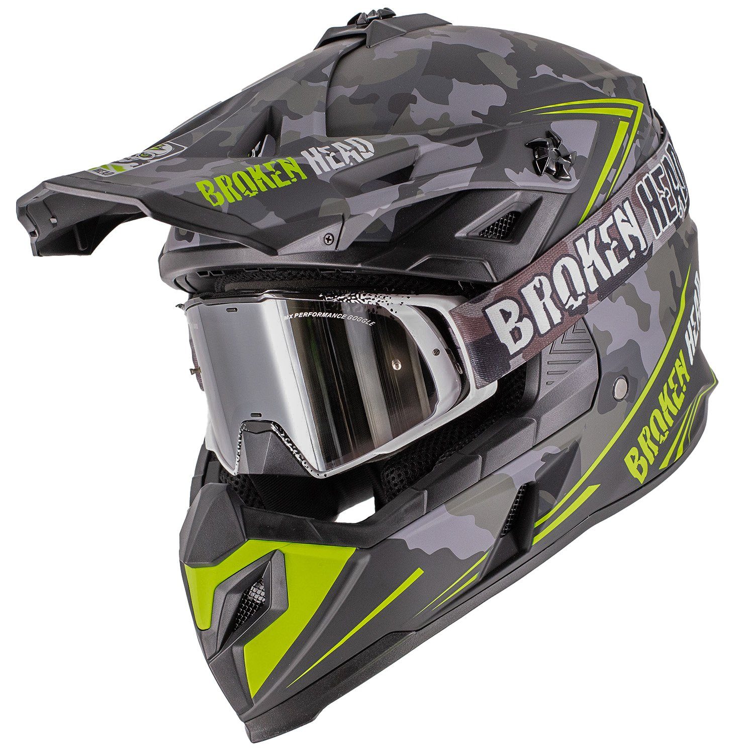 Broken Head Motocrosshelm Squadron Grau-Grün (mit MX-Brille Regulator Schwarz), Mit zwei Verschlüssen