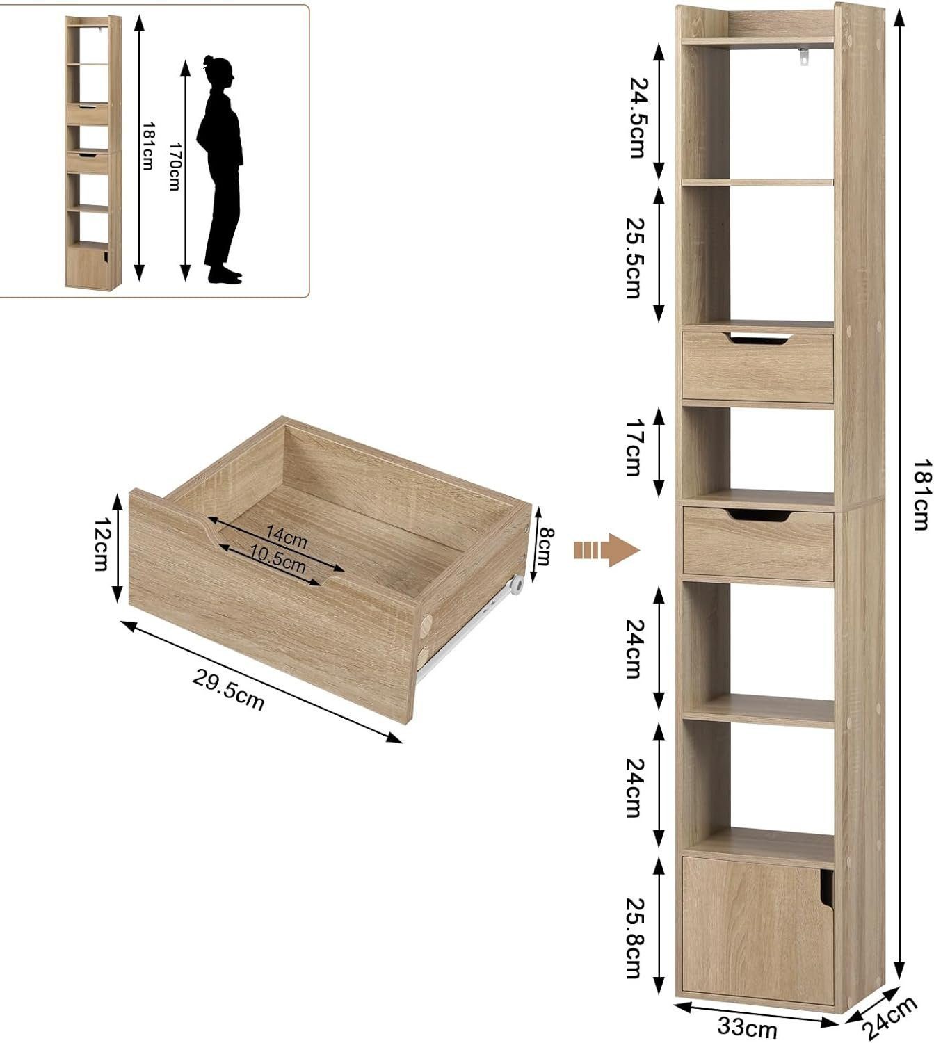 Woltu Bücherregal, 1-tlg., mit 6 Ablagen 2 Schubladen 1 Tür, aus Holzwerkstoff