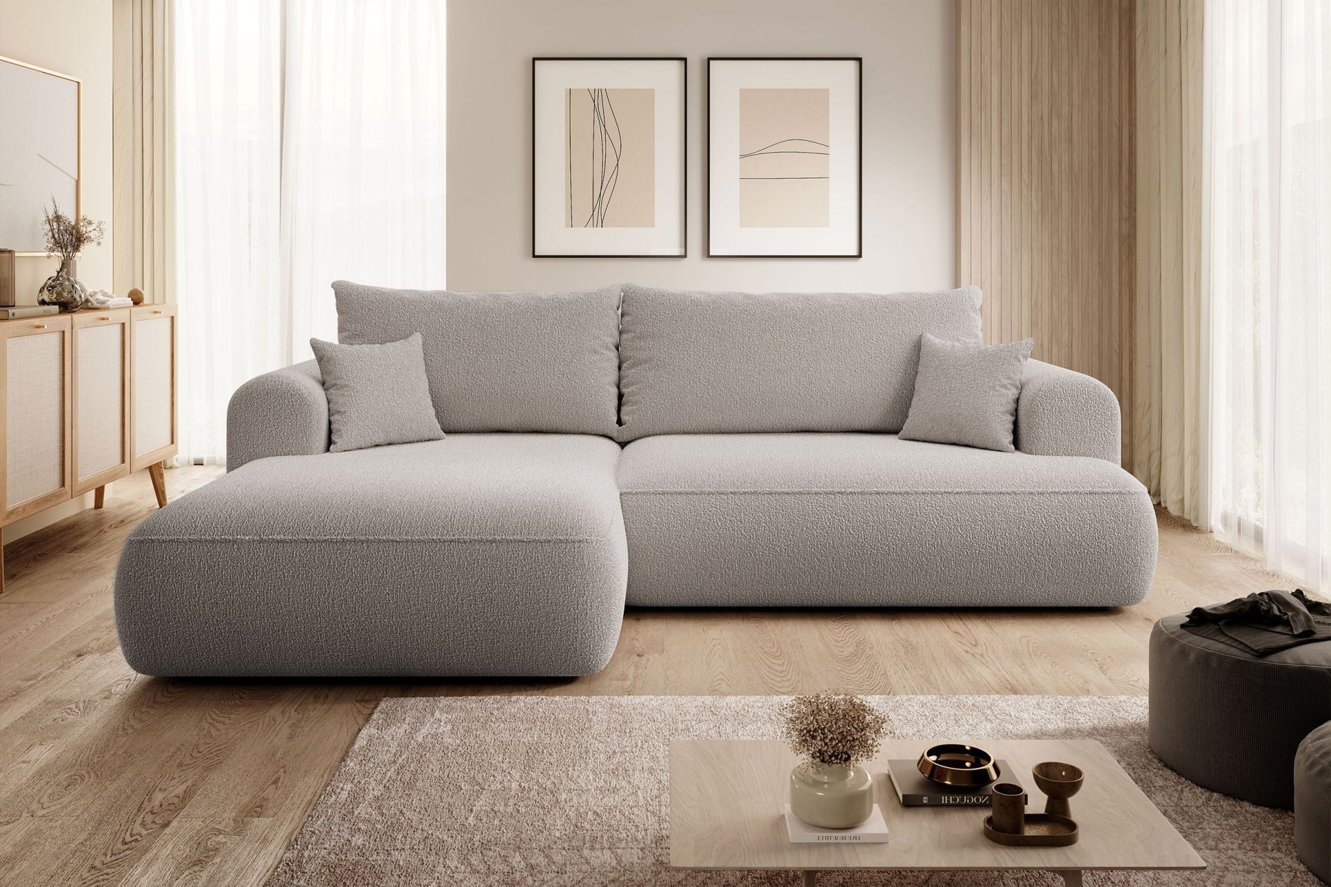 Selsey Ecksofa OVO, Schlaffunktion 142x210 cm, Bettkasten, Boucle-Bezug