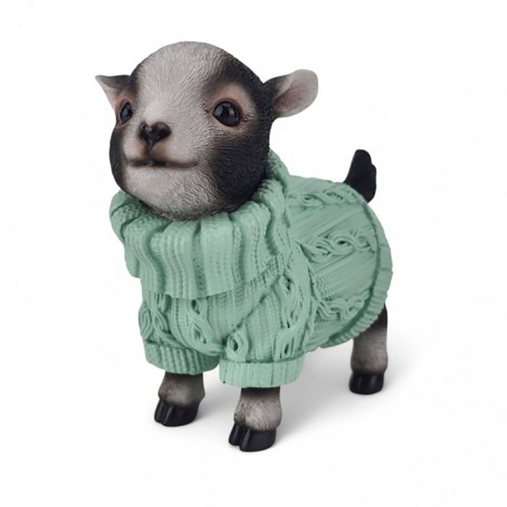 Figuren-Discounter Dekofigur Dekofigur Ziege mit Pullover in Grün – Tierfigur aus Polyresin 16 cm