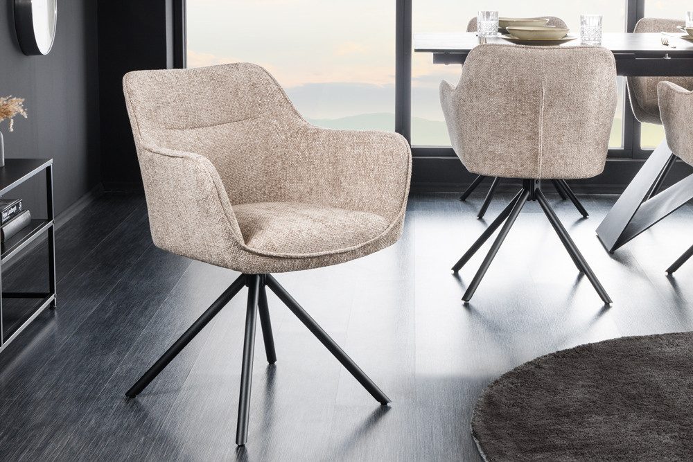 riess-ambiente Polsterstuhl VERONA champagner beige – Strukturstoff, mit Armlehne, Metallgestell (Einzelartikel, 1 St), 180° drehbar mit Auto-Return-Funktion – ideal für Esszimmer oder Büro