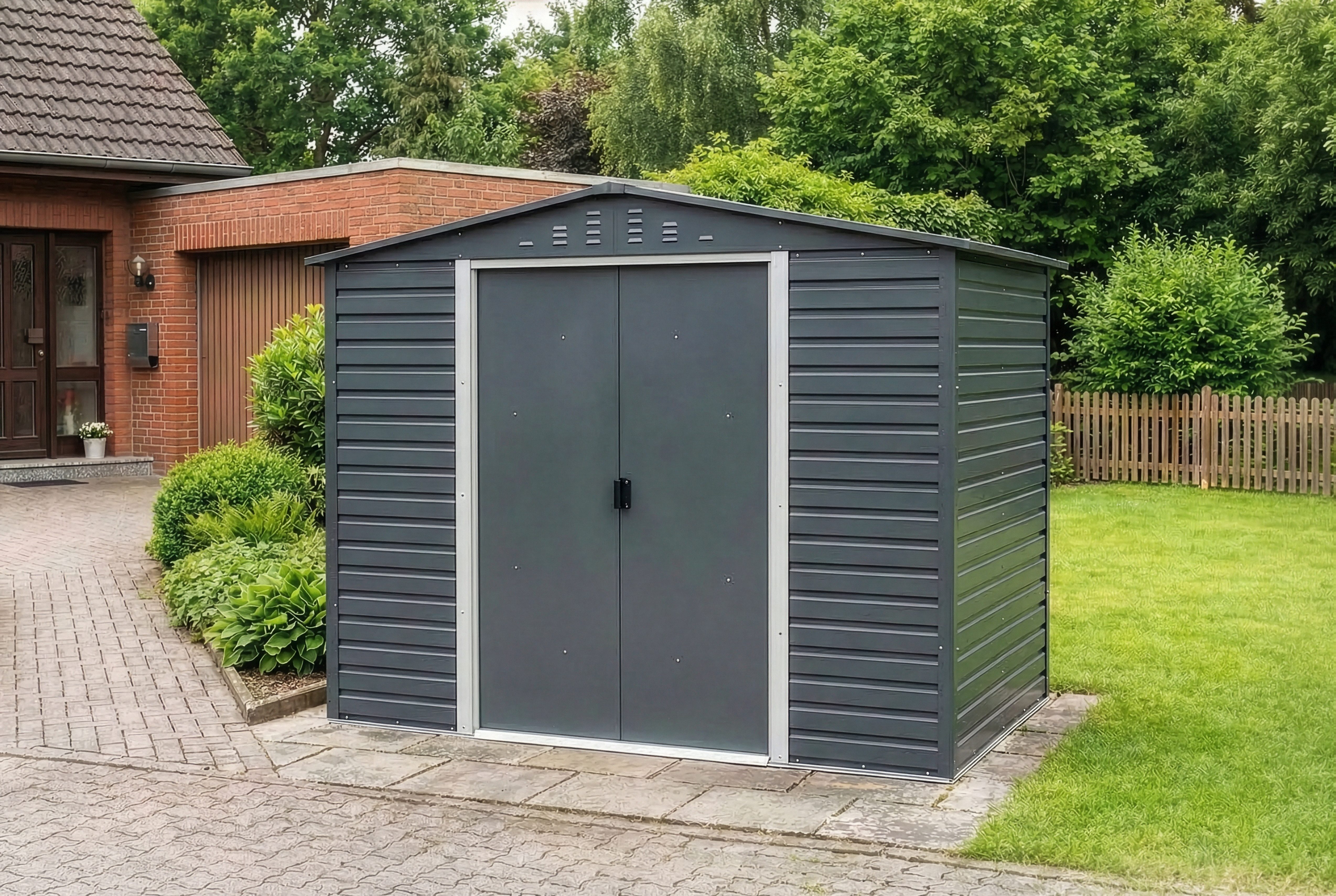 DURAMAX Gerätehaus DURAMAX Metall-Alpine 2,4x1,8m, BxT: 261,7x183 cm, in Anthrazit mit 0,31mm Wandstärke