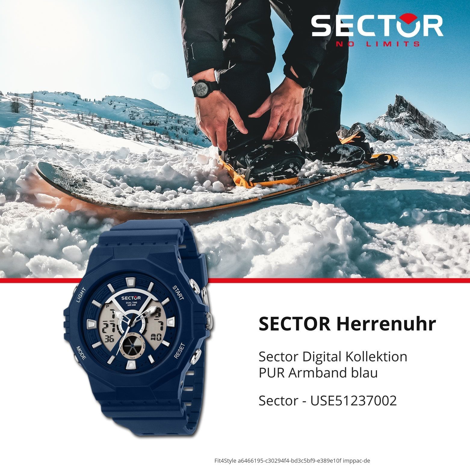 Sector Digitaluhr 55x51mm), Sector eckig, Casual Digital, blau, Herren Armbanduhr PURarmband Herren groß Armbanduhr (ca