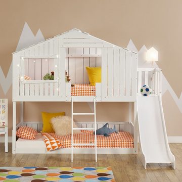 Juskys Kinderbett Baumhaus, 90x200 cm, Hochbett im Baumhaus-Stil, mit Rutsche, Dach, Lattenrost