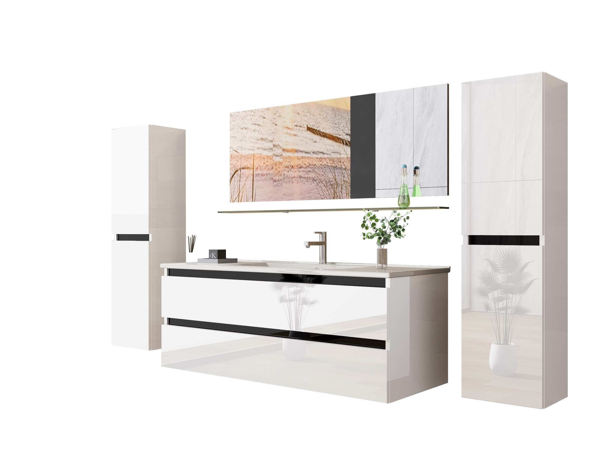 Homeline Badmöbel-Set Bad Möbel Set, Hochglanz, Eiche schwarz und weiß Soft Close, (Set Angebot, 6-St., Spar set)