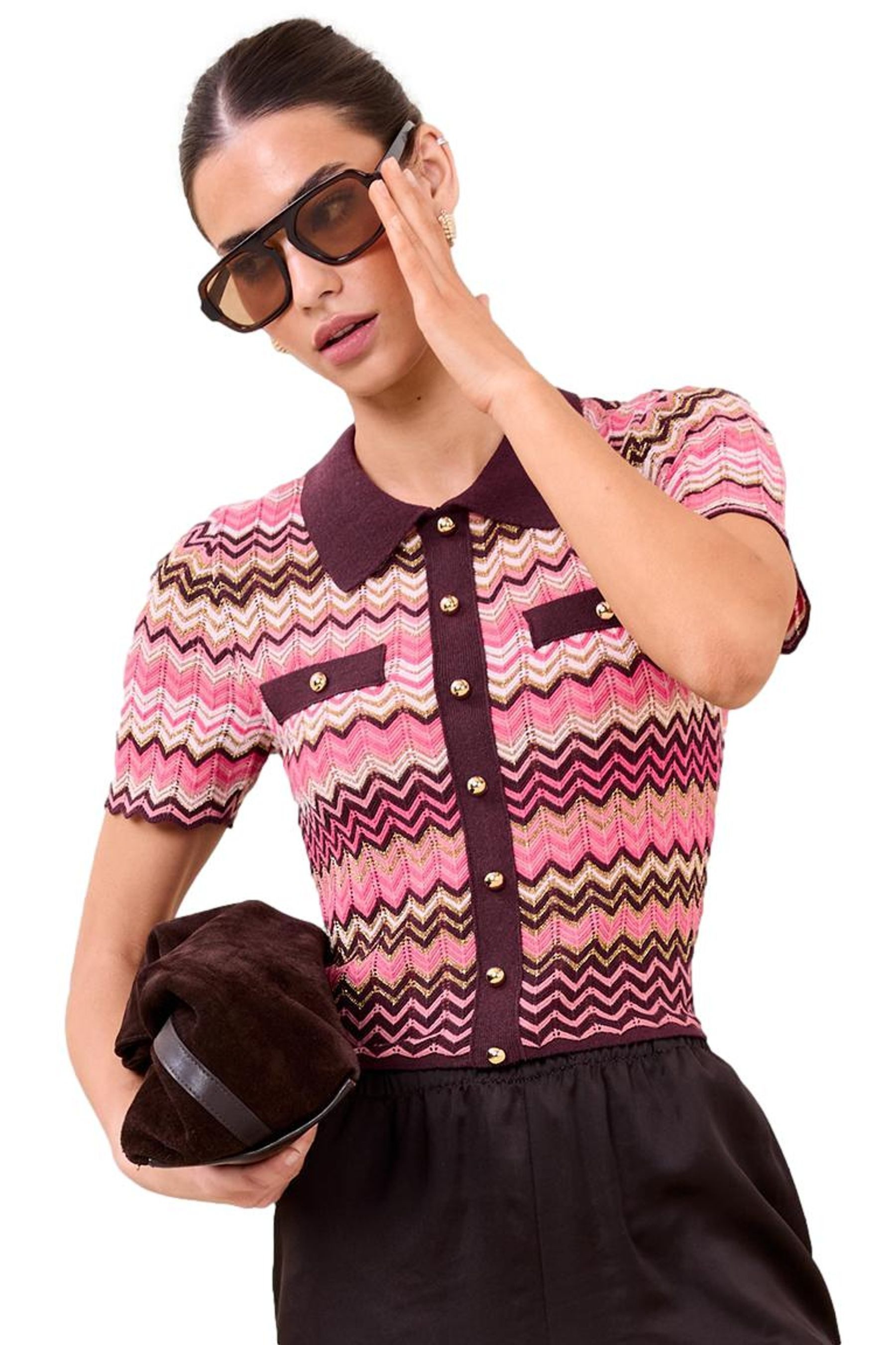 LIPSY 2-in-1-Shirt Lipsy Strickoberteil mit Metallic-Zickzack-Print (1-tlg)