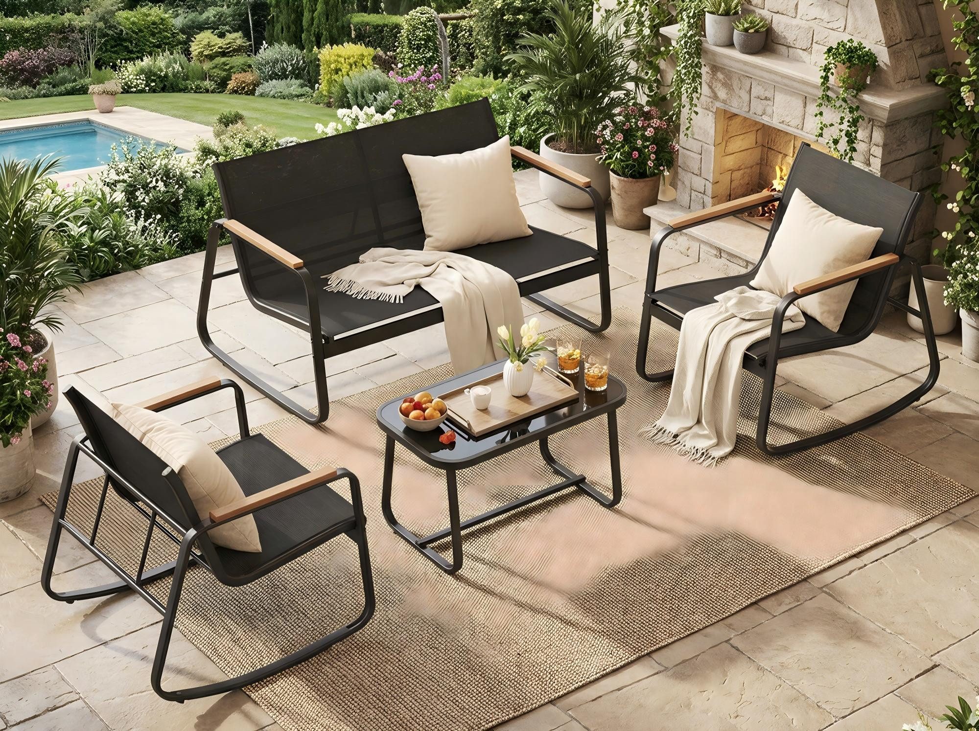 SONGMICS Gartenlounge-Set Balkonmöbel, (4-tlg., 2 Schaukelstuhl, 1 Gartenbank, 1 Beistelltisch), Stahl, Lounge Möbel, Gartenlounge, Gartenmöbel, Gartenbank, 4-teilig