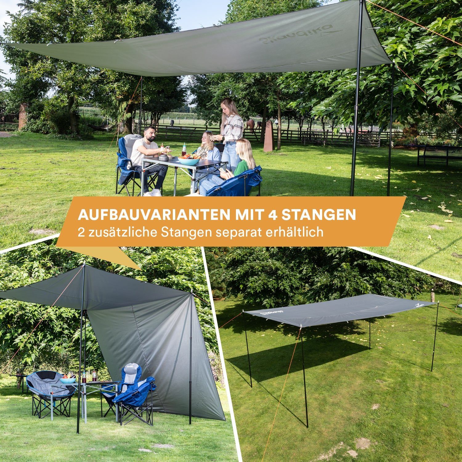 Skandika Sonnensegel L 3 x 3 m + 2 Teleskopstangen, Sonnenschutz rechteckig, wasserdicht, (Abspannleinen und Bodennägel, versiegelte Nähte, Tragetasche), UPF 50+, 3000 mm Wassersäule, Heringe, Regenschutz für Campen, Garten