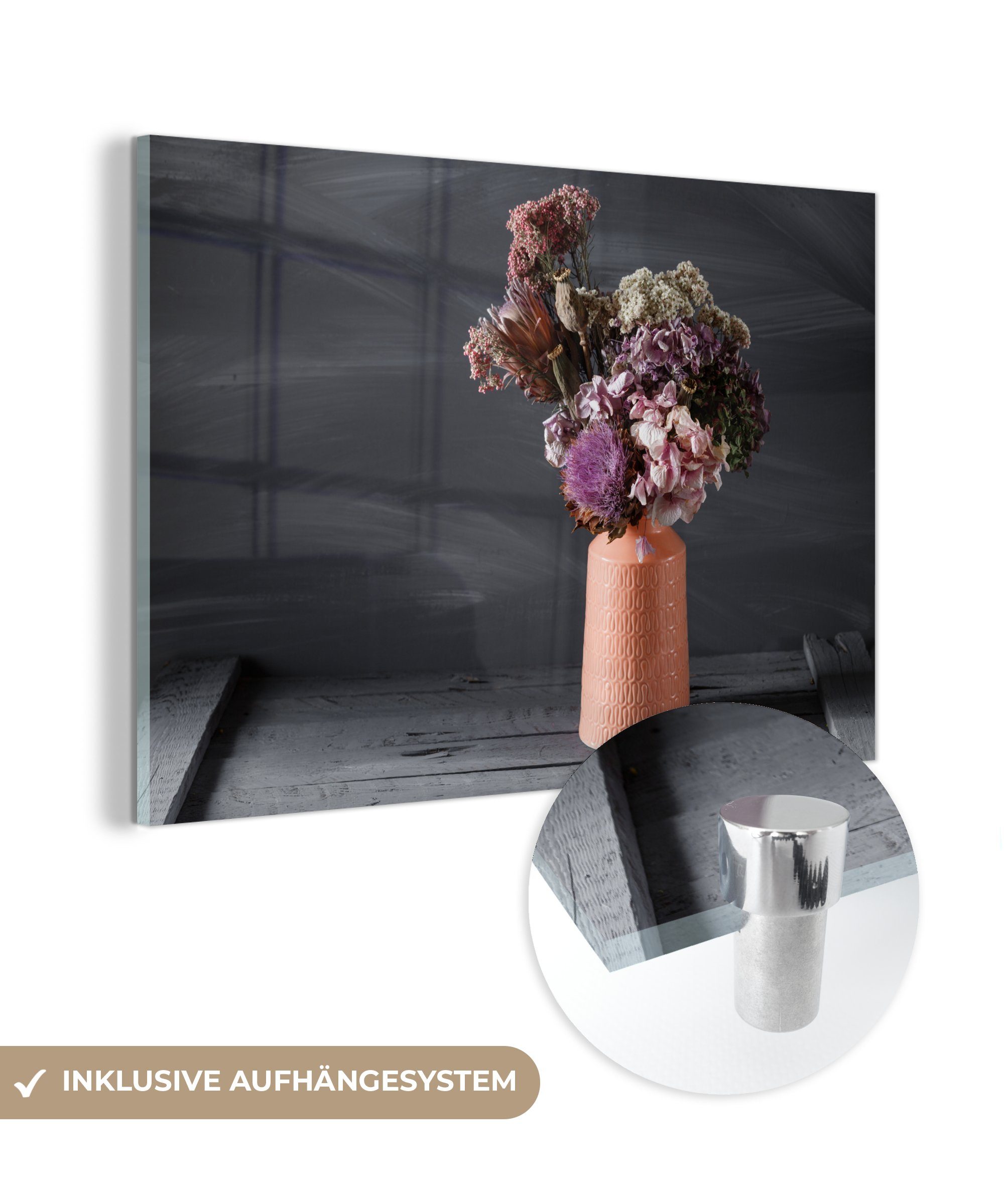 - Bilder Glas - Wandbild auf (1 Acrylglasbild Foto auf Wanddekoration Glas Vase, - Glasbilder - Getrocknete Blumen Stilleben St), - MuchoWow