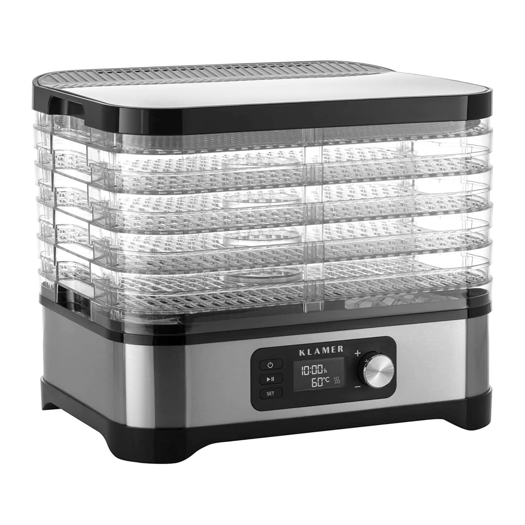 KLAMER Dörrautomat Edelstahl 400W, 5 Etagen, 24h Timer, 35–70°C Temperaturregler, BPA-fr… 400 W, 5 Etagen, gleichmäßige Trocknung, präzise Temp., Gitter & Deckel BPA-frei