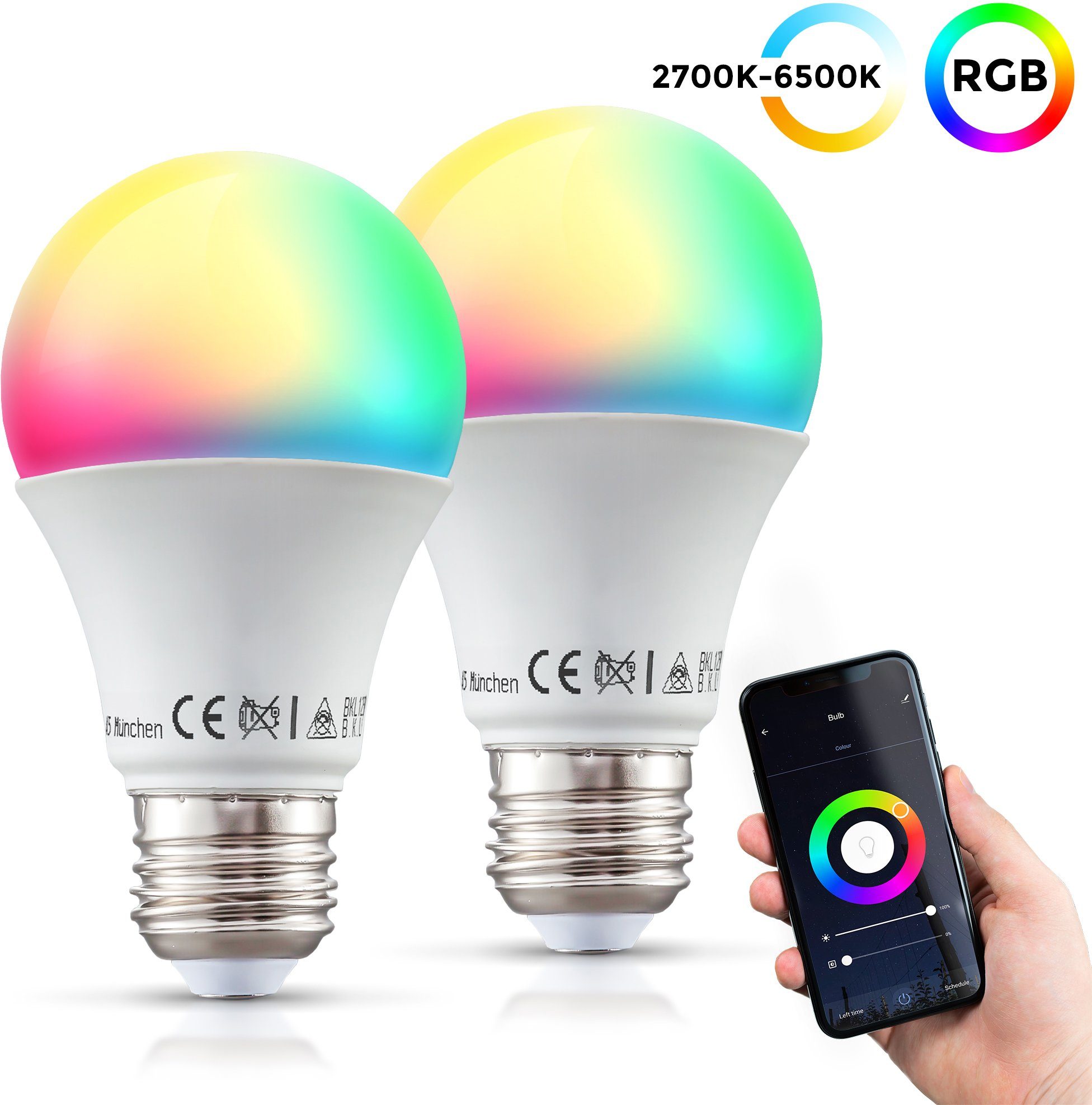 LED-Leuchtmittel, 2 RGB, St., dimmbar LED-Lampe, E27, App-Steuerung, Warmweiß, Smart B.K.Licht Home WiFi,
