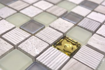 Mosani Mosaikfliesen Naturstein Rustikal Mosaikfliese Glasmosaik Marmor hellgrau gold