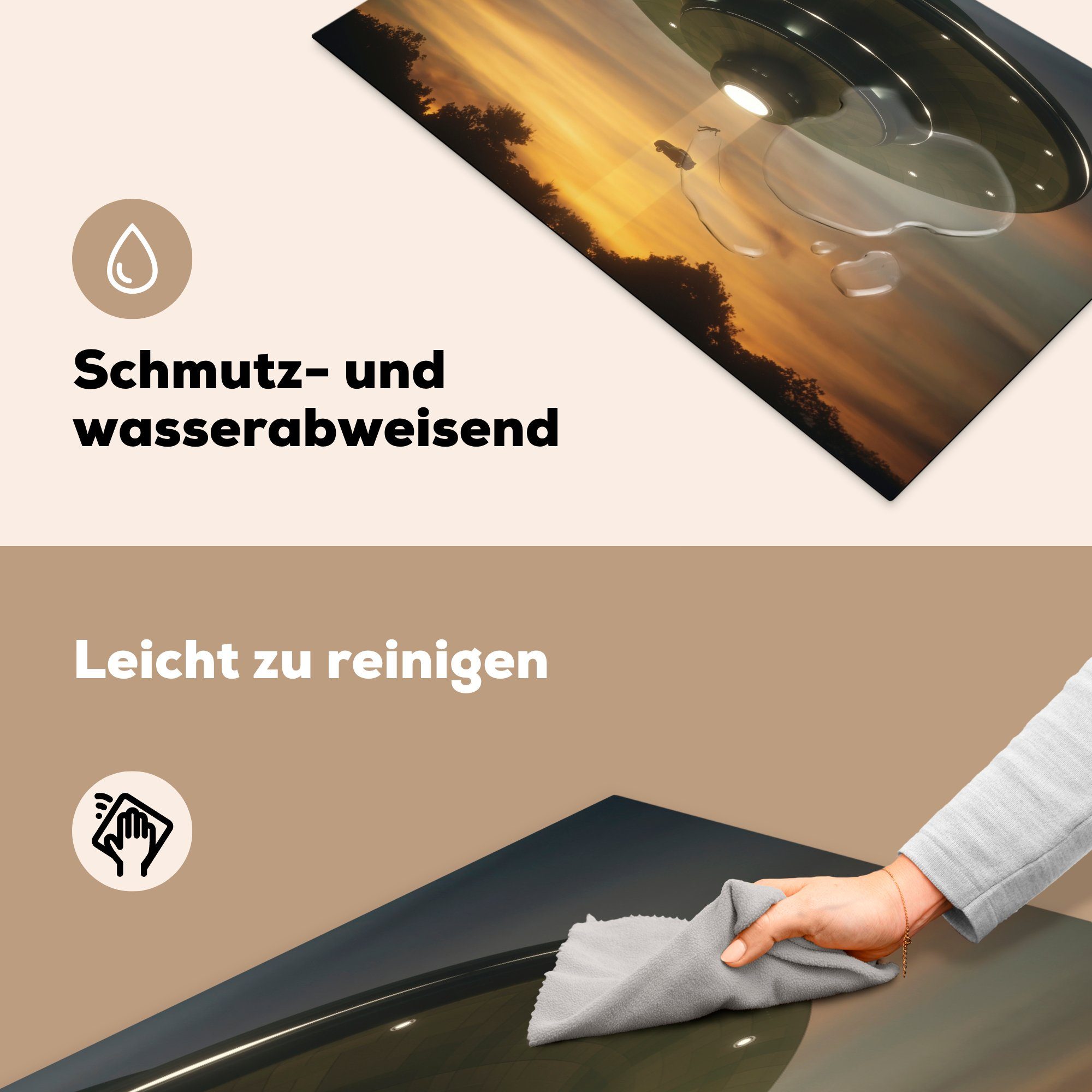 eines Auto Illustration Eine Ceranfeldabdeckung, das - küche Jungen MuchoWow Arbeitsplatte ein für (1 cm, 83x51 tlg), jagt in Herdblende-/Abdeckplatte Luft Vinyl, UFOs, -, die