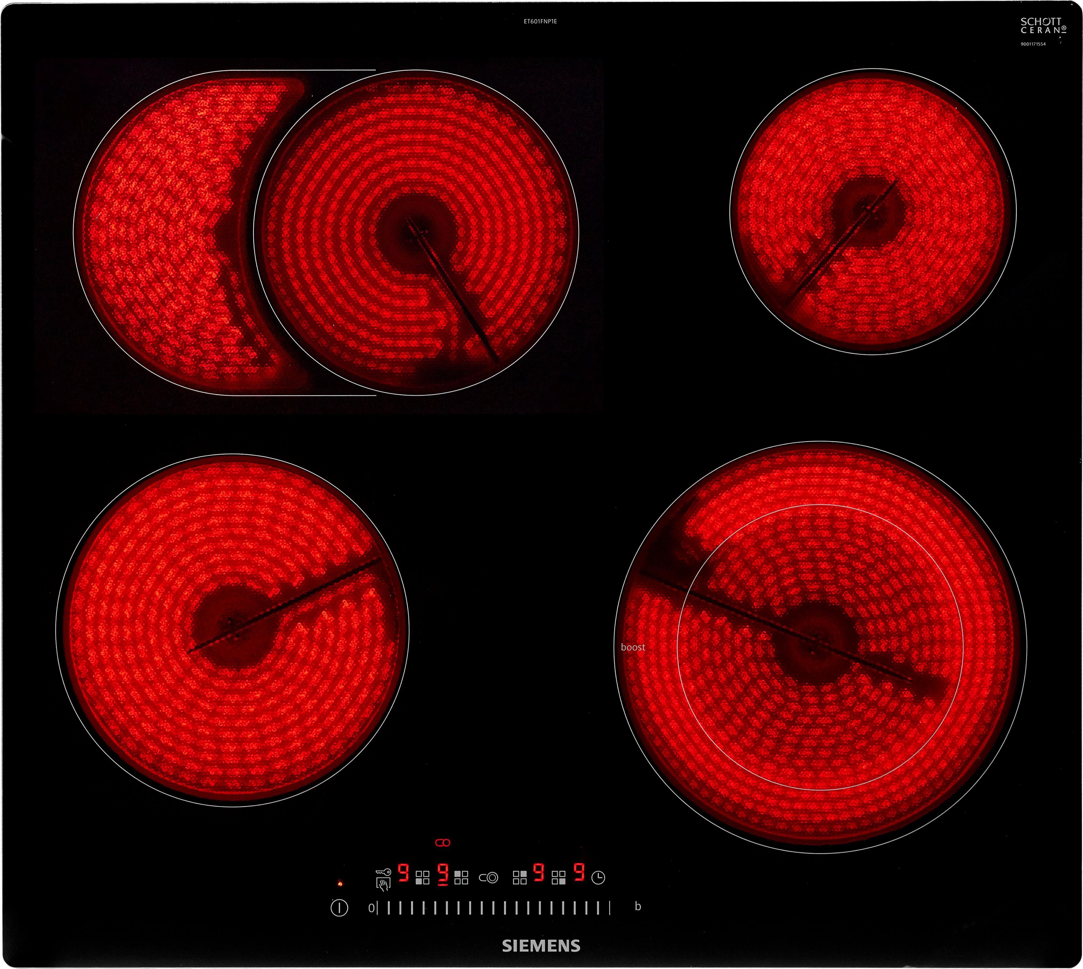SIEMENS Elektro-Kochfeld von SCHOTT CERAN® iQ300 ET601FNP1E, Optimale Hitzeverteilung dank zuschaltbarer Bräterzone & Timerfunktion