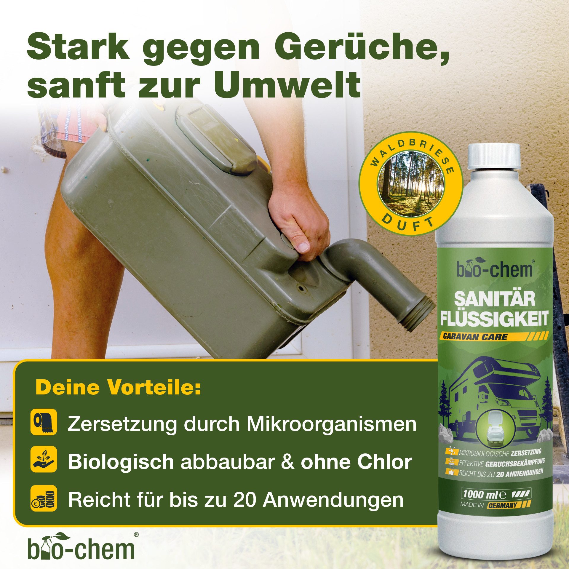 bio-chem bio-chem 2-teiliges Camping-Set: Sanitär- & Grauwasserzusatz Campingtoilettenreiniger (2-St. 1x Grauwasser-Zusatz 1 L, 1x Sanitärflüssigkeit 1 L, 1x Dosierbecher)